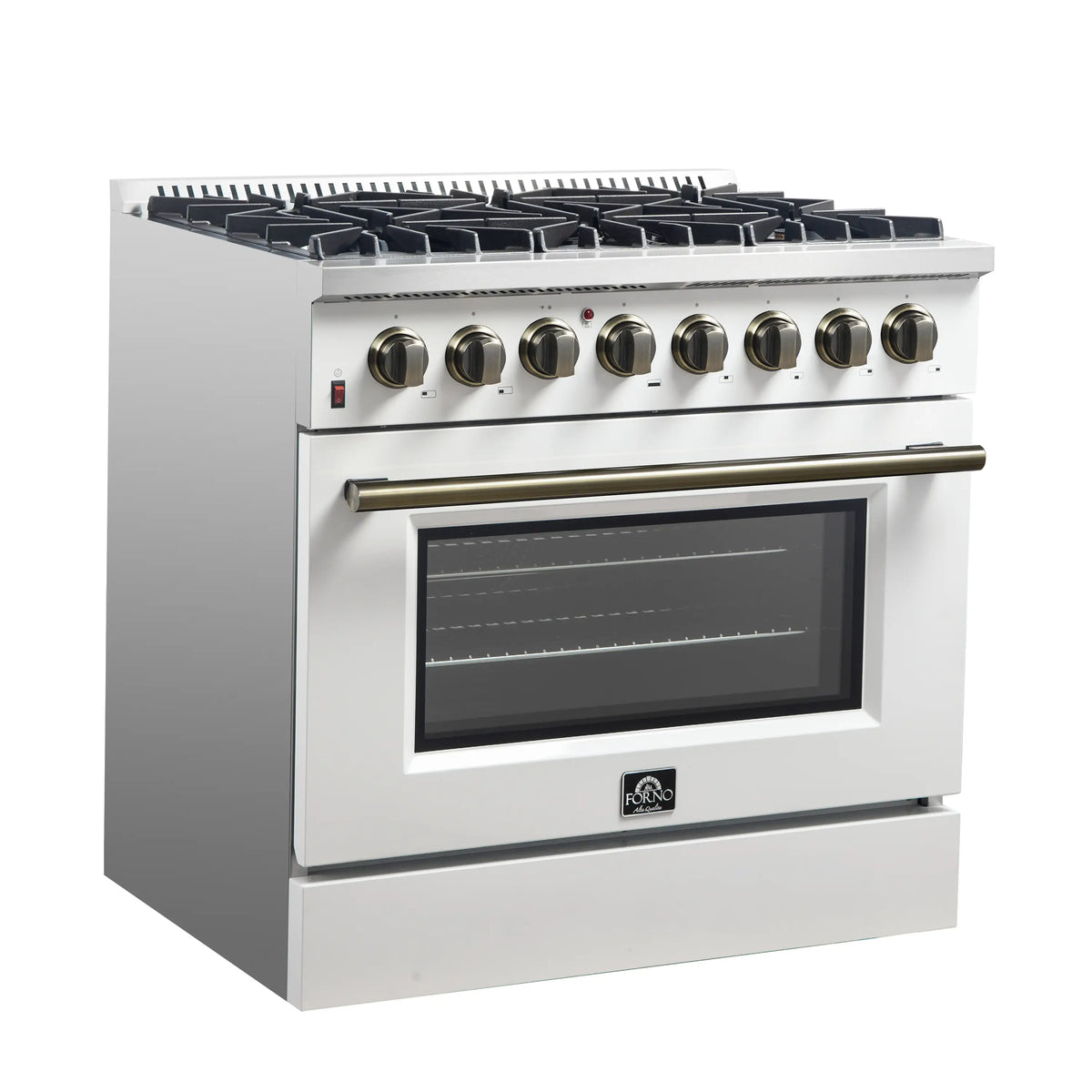 Forno 5-Piece Appliance Package - 36-Inch Galiano Dual Fuel Range, Wall Mount Range Hood, 60-Inch Refrigerator, Dishwasher, & 30-Inch Microwave Drawer in White with Antique Brass Trim