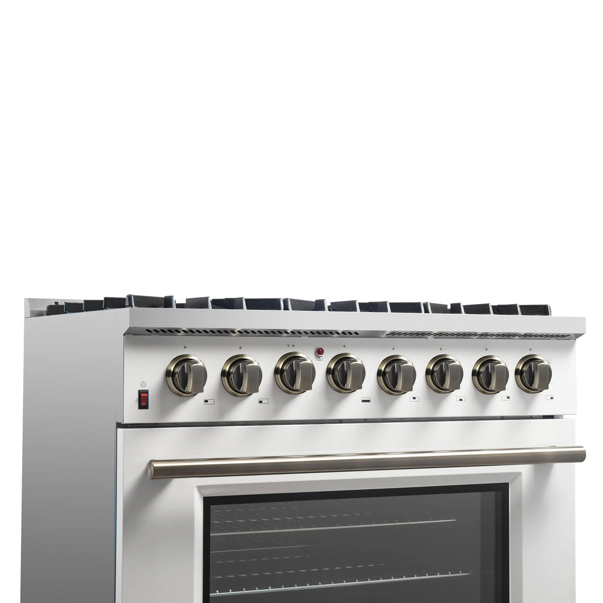 Forno 3-Piece Appliance Package - 36-Inch Dual Fuel Range, 60-Inch Refrigerator, Dishwasher in White with Antique Brass Trim