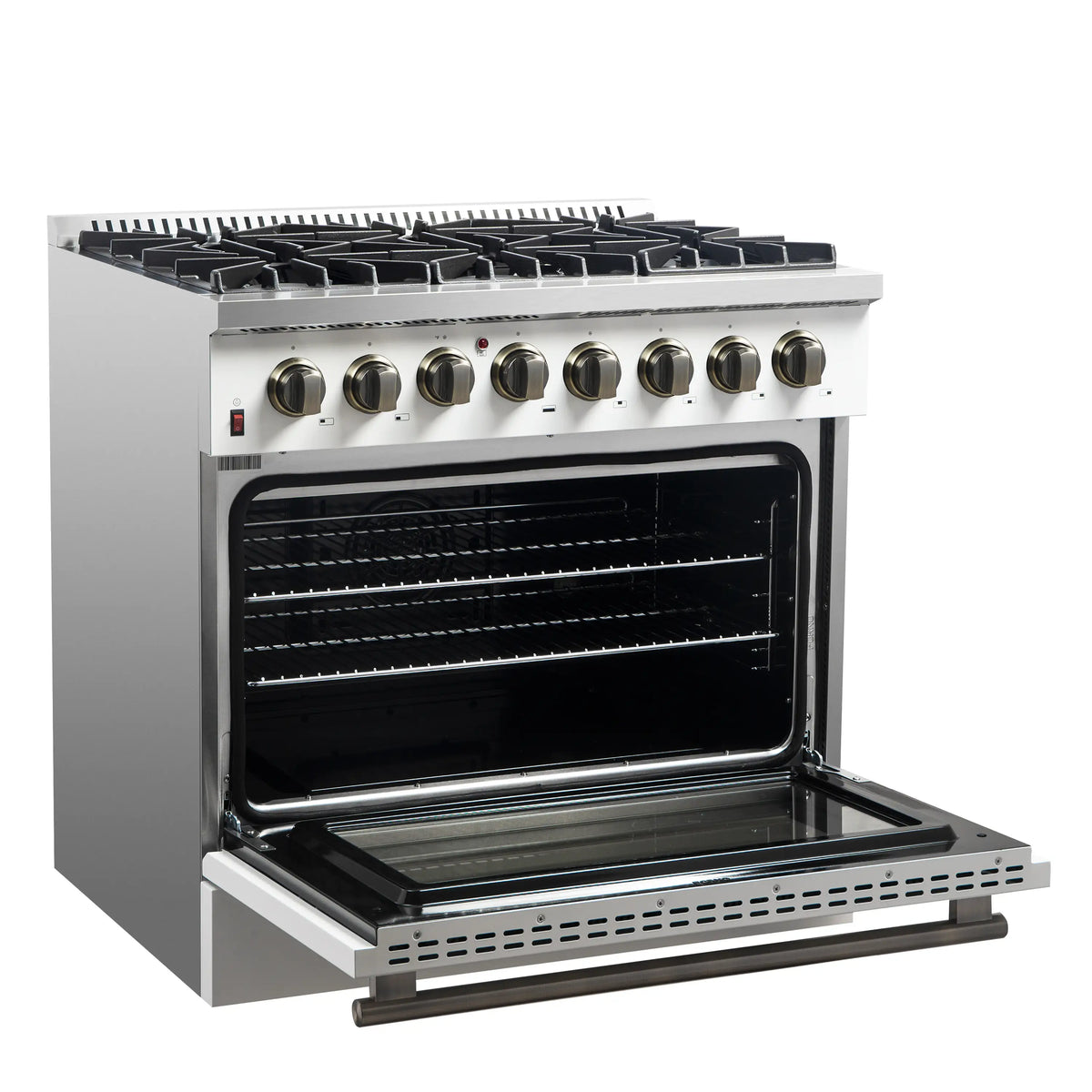 Forno 3-Piece Appliance Package - 36-Inch Galiano Dual Fuel Range, 60-Inch Refrigerator, Dishwasher in White with Antique Brass Trim