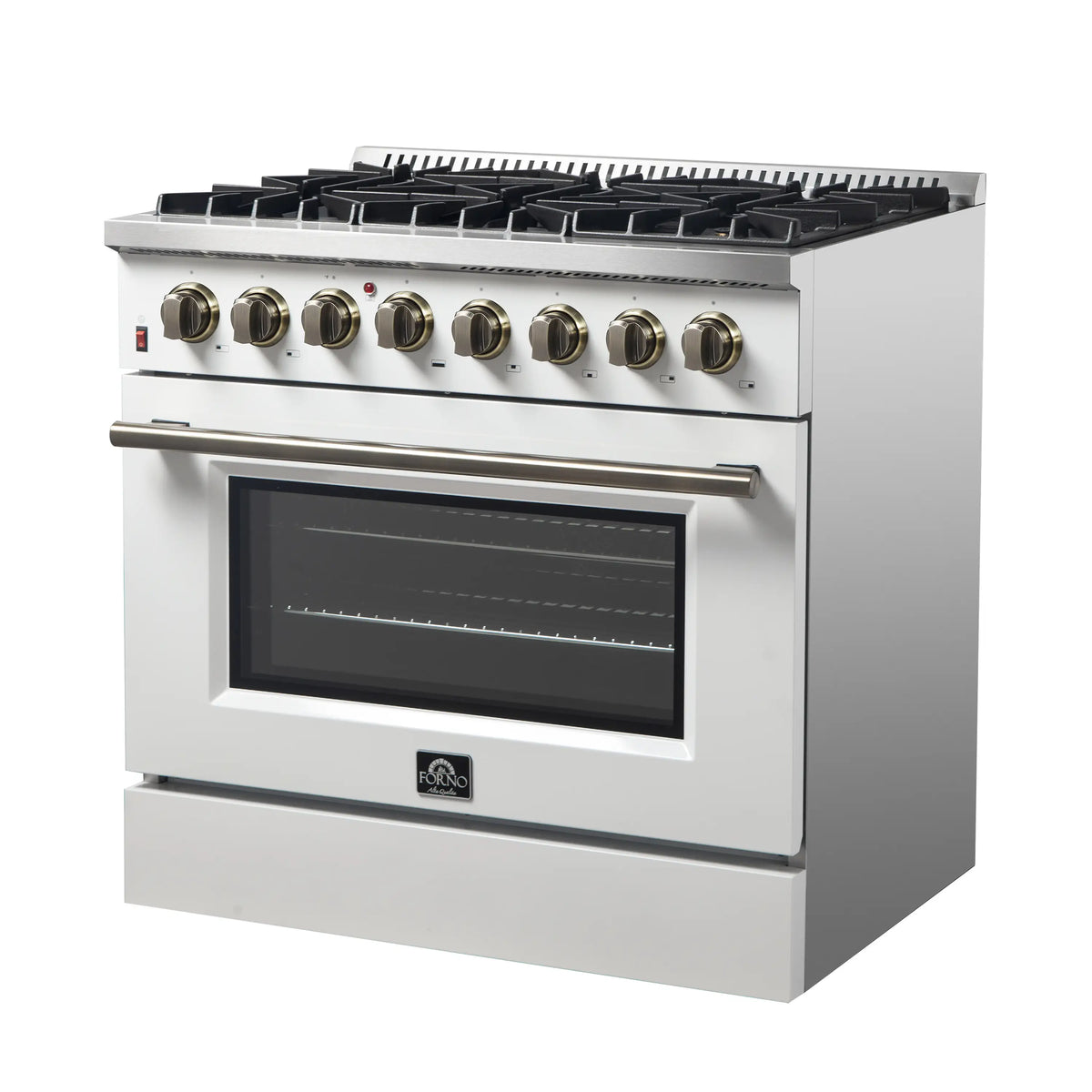 Forno 4-Piece Appliance Package - 36-Inch Dual Fuel Range, Wall Mount Range Hood, 60-Inch Built-In Convertible Refrigerator, and Dishwasher in White with Antique Brass Trim