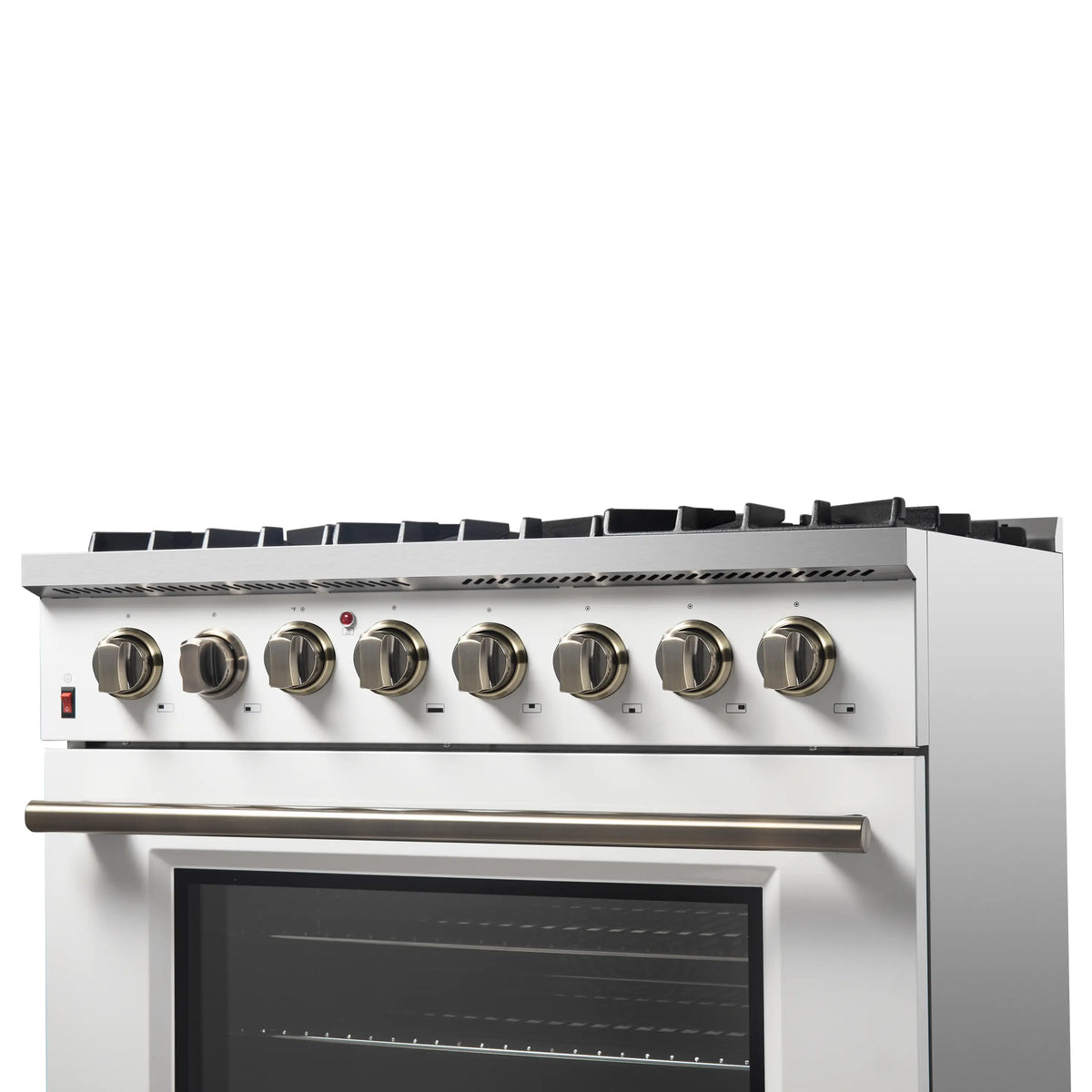 Forno 5-Piece Appliance Package - 36-Inch Dual Fuel Range, Wall Mount Range Hood, 36-Inch Refrigerator, Dishwasher, and 30-Inch Microwave Drawer in White with Antique Brass Trim