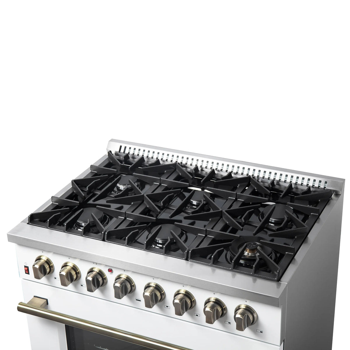Forno 5-Piece Appliance Package - 36-Inch Galiano Dual Fuel Range, Wall Mount Range Hood, 60-Inch Refrigerator, Dishwasher, & 30-Inch Microwave Drawer in White with Antique Brass Trim