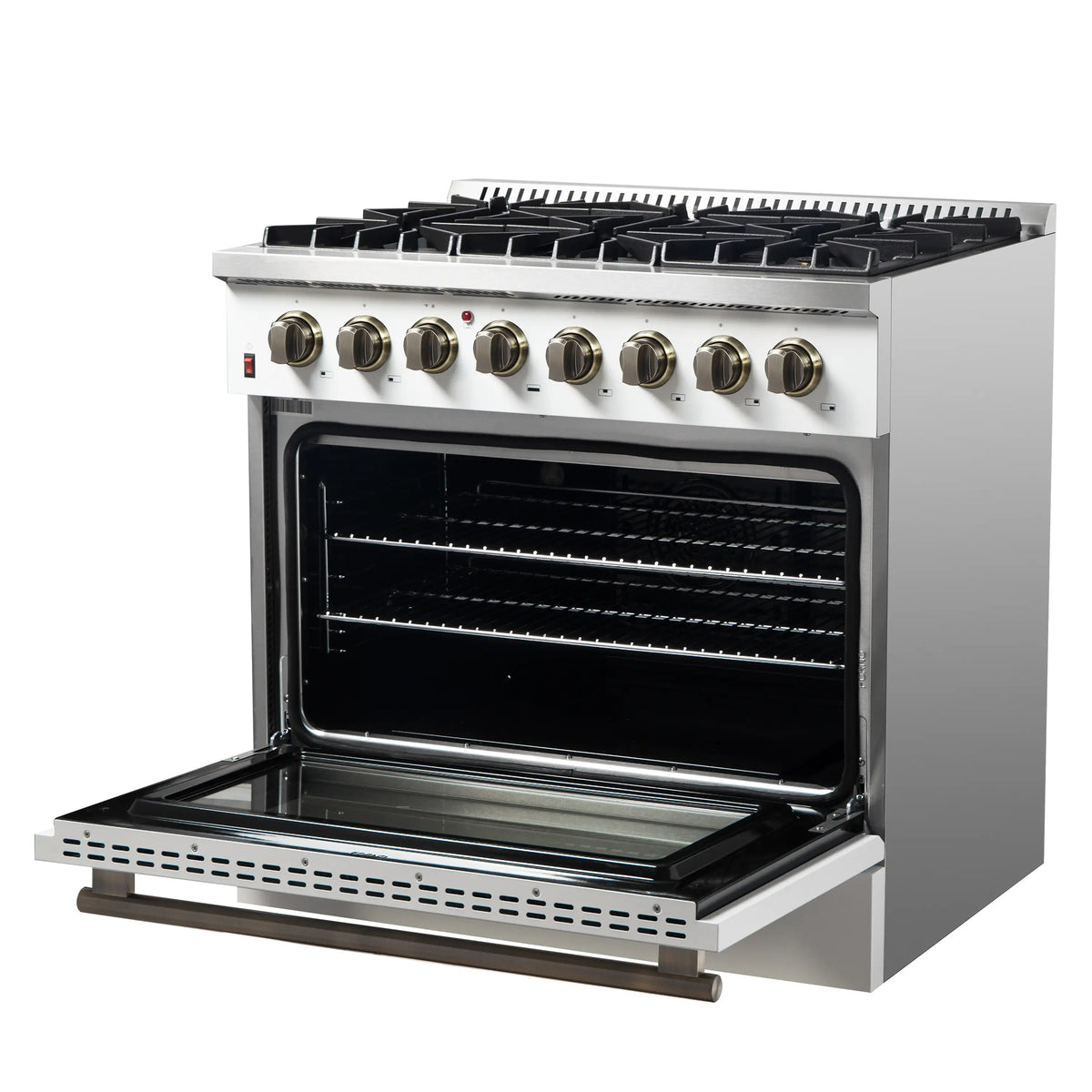 Forno Galiano 5-Piece Appliance Package - 36-Inch Dual Fuel Range, 36-Inch Hood, 36-Inch Refrigerator, 24-Inch Dishwasher, & 30-Inch Microwave Oven in White with Antique Brass Trim