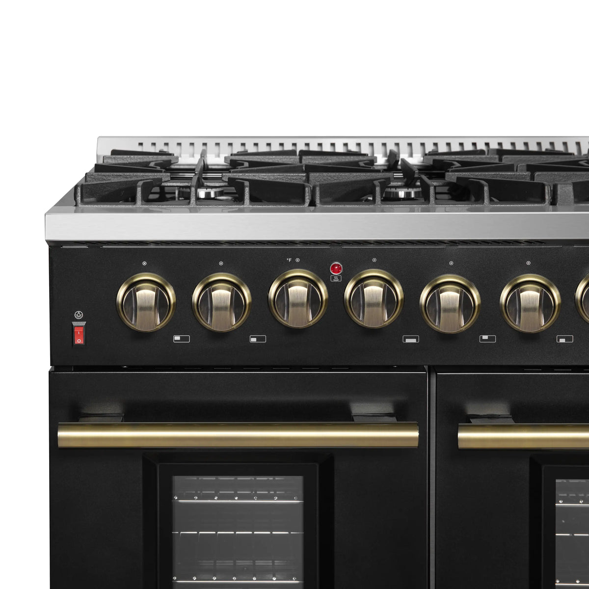 Forno 5-Piece Appliance Package - 48-Inch Dual Fuel Range, Wall Mount Range Hood, 60-Inch Refrigerator, Dishwasher, and 30-Inch Microwave Drawer in Black with Antique Brass Trim