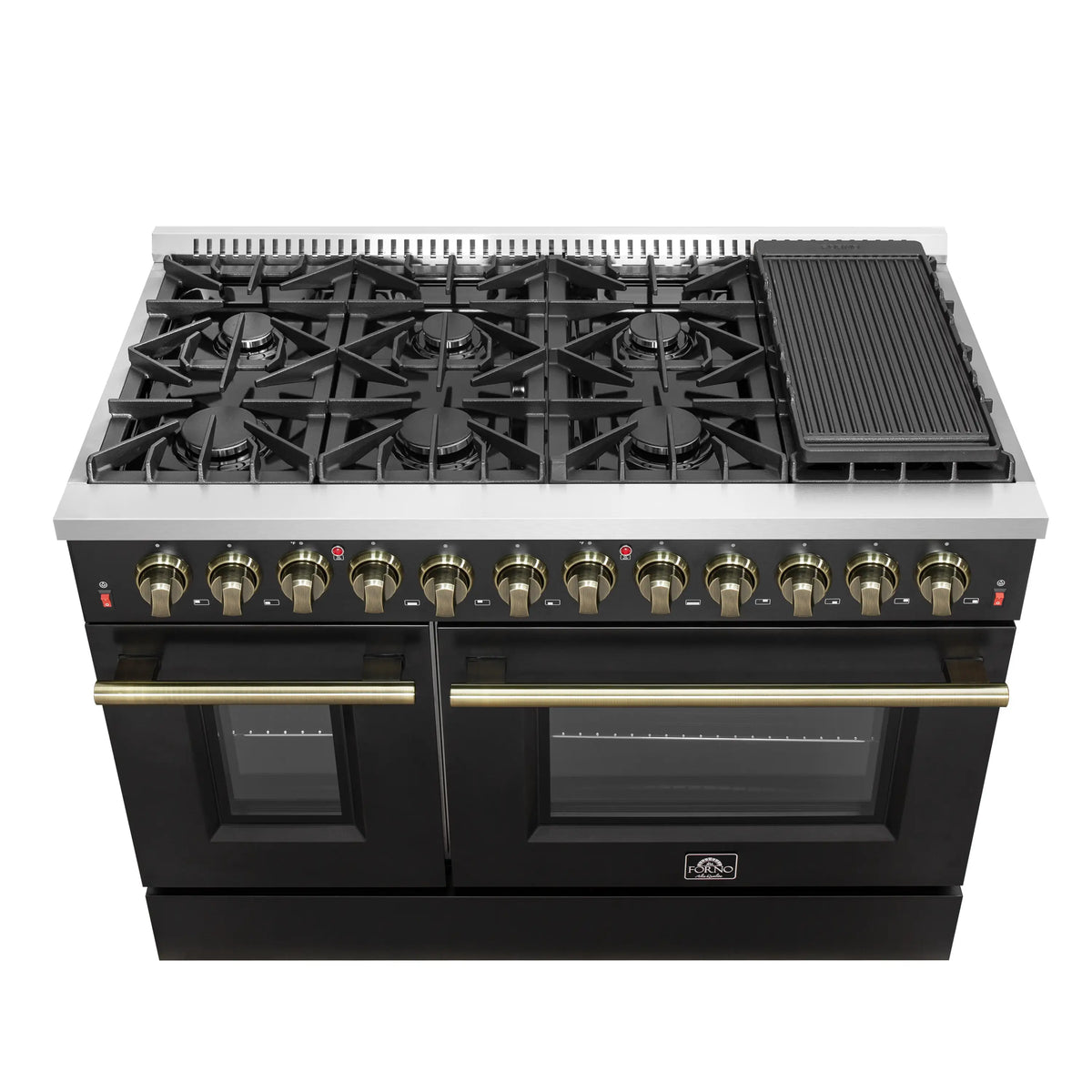 Forno 5-Piece Appliance Package - 48-Inch Dual Fuel Range, 60-Inch Convertible Refrigerator with Modern Trim, Dishwasher, and 24-Inch Microwave Drawer in Black with Antique Brass Trim