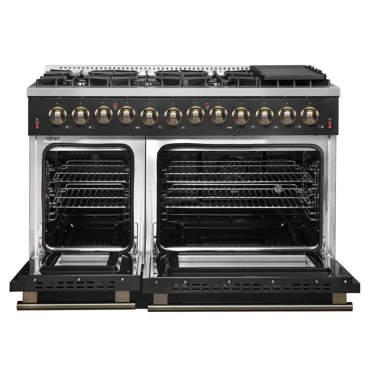 Forno 4-Piece Appliance Package - 48-Inch Dual Fuel Range, 60-Inch Convertible Refrigerator with Modern Trim, Dishwasher, and 24-Inch Microwave Oven in Black with Antique Brass Trim