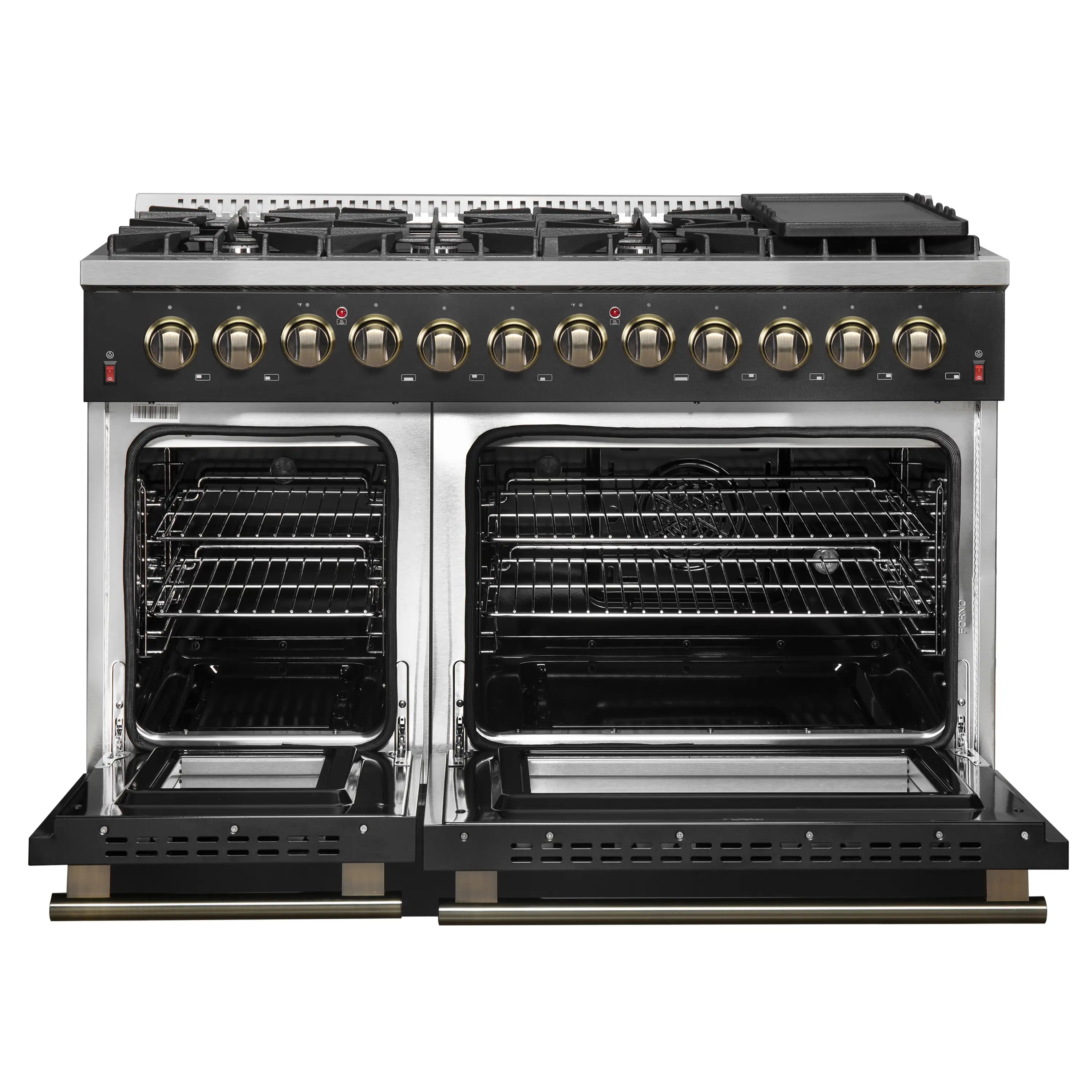 Forno Galiano 48-Inch Dual Fuel Range with 8 Burners and 6.58 Cu. Ft. Electric Convection Oven in Black with Antique Brass Trim (FFSGS6156-48BLK)