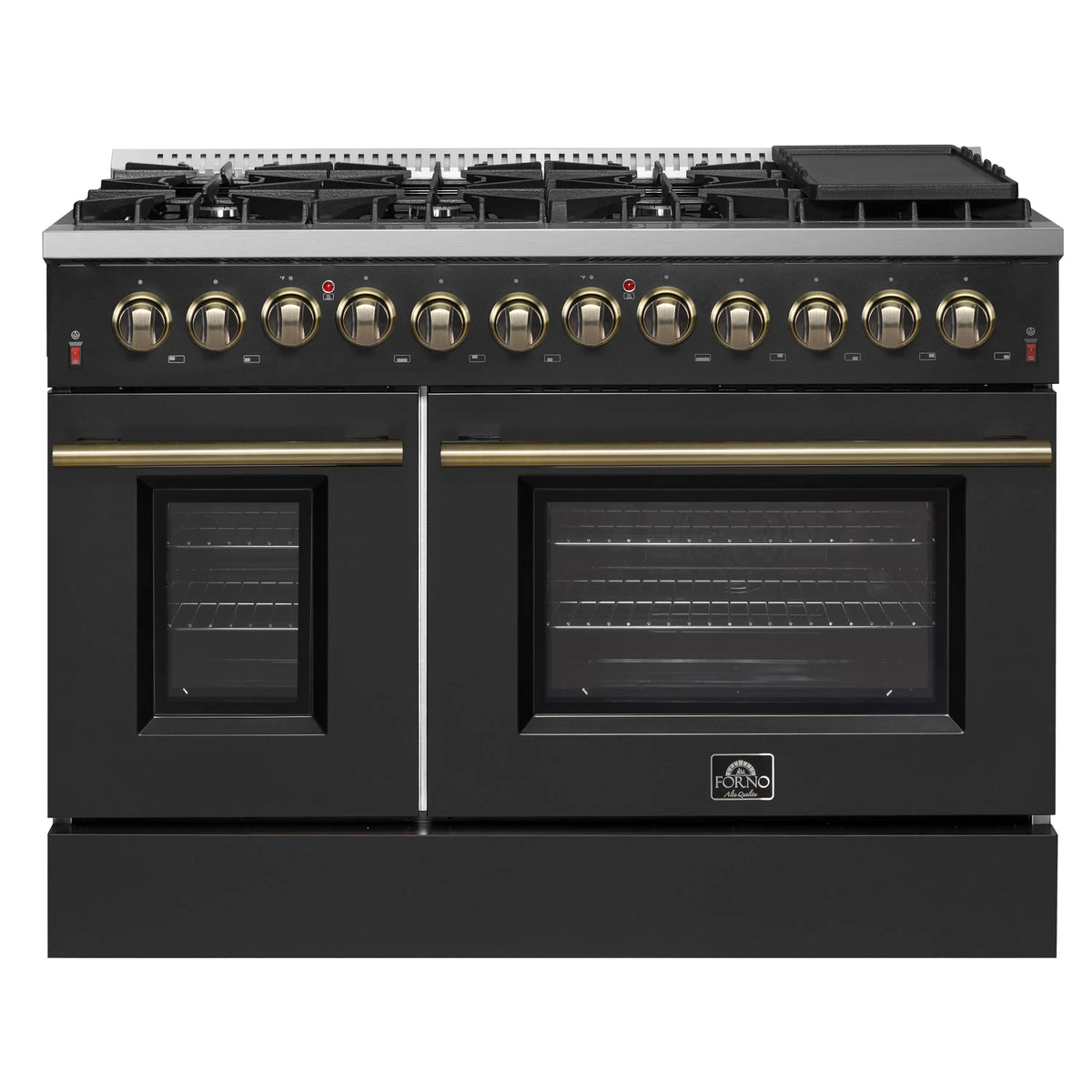 Forno 5-Piece Appliance Package - 48-Inch Dual Fuel Range, 60-Inch Convertible Refrigerator with Modern Trim, Dishwasher, and 30-Inch Microwave Oven in Black with Antique Brass Trim