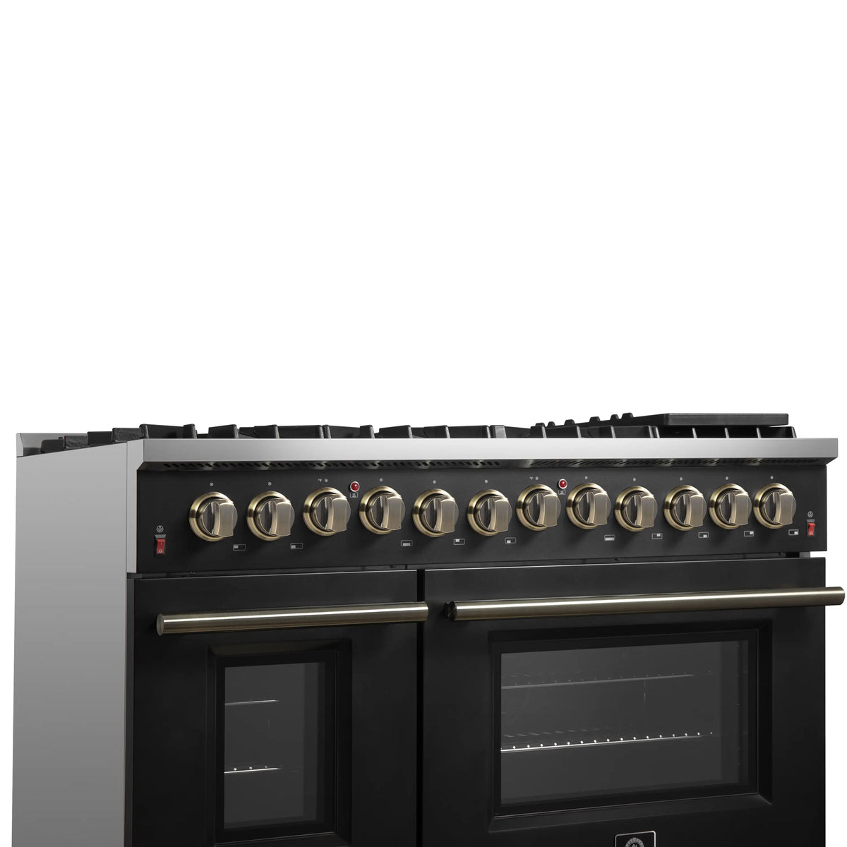Forno 4-Piece Appliance Package - 48-Inch Dual Fuel Range, 60-Inch Convertible Refrigerator with Modern Trim, Dishwasher, and 30-Inch Microwave Drawer in Black with Antique Brass Trim
