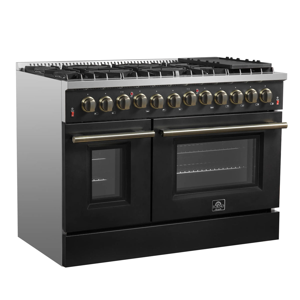 Forno 5-Piece Appliance Package - 48-Inch Dual Fuel Range, 60-Inch Convertible Refrigerator with Modern Trim, Dishwasher, and 24-Inch Microwave Oven in Black with Antique Brass Trim