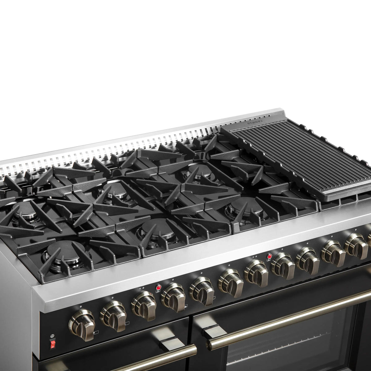 Forno 4-Piece Appliance Package - 48-Inch Dual Fuel Range, 60-Inch Convertible Refrigerator with Modern Trim, Dishwasher, and 30-Inch Microwave Drawer in Black with Antique Brass Trim