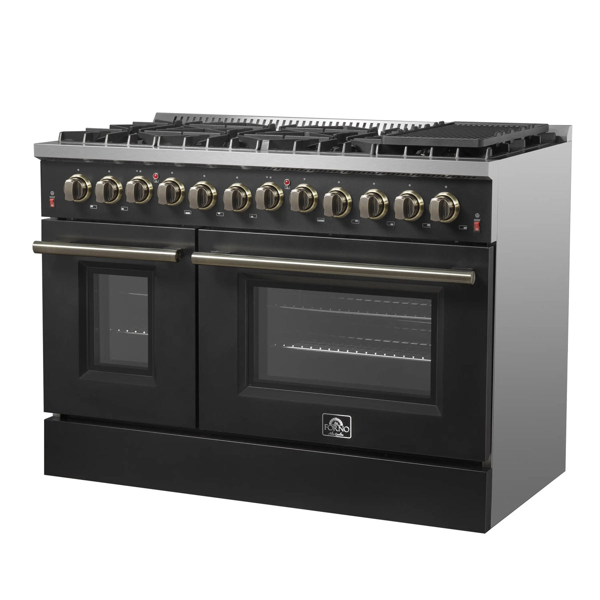 Forno 5-Piece Appliance Package - 48-Inch Dual Fuel Range, Wall Mount Range Hood, 60-Inch Refrigerator, Dishwasher, and 30-Inch Microwave Drawer in Black with Antique Brass Trim