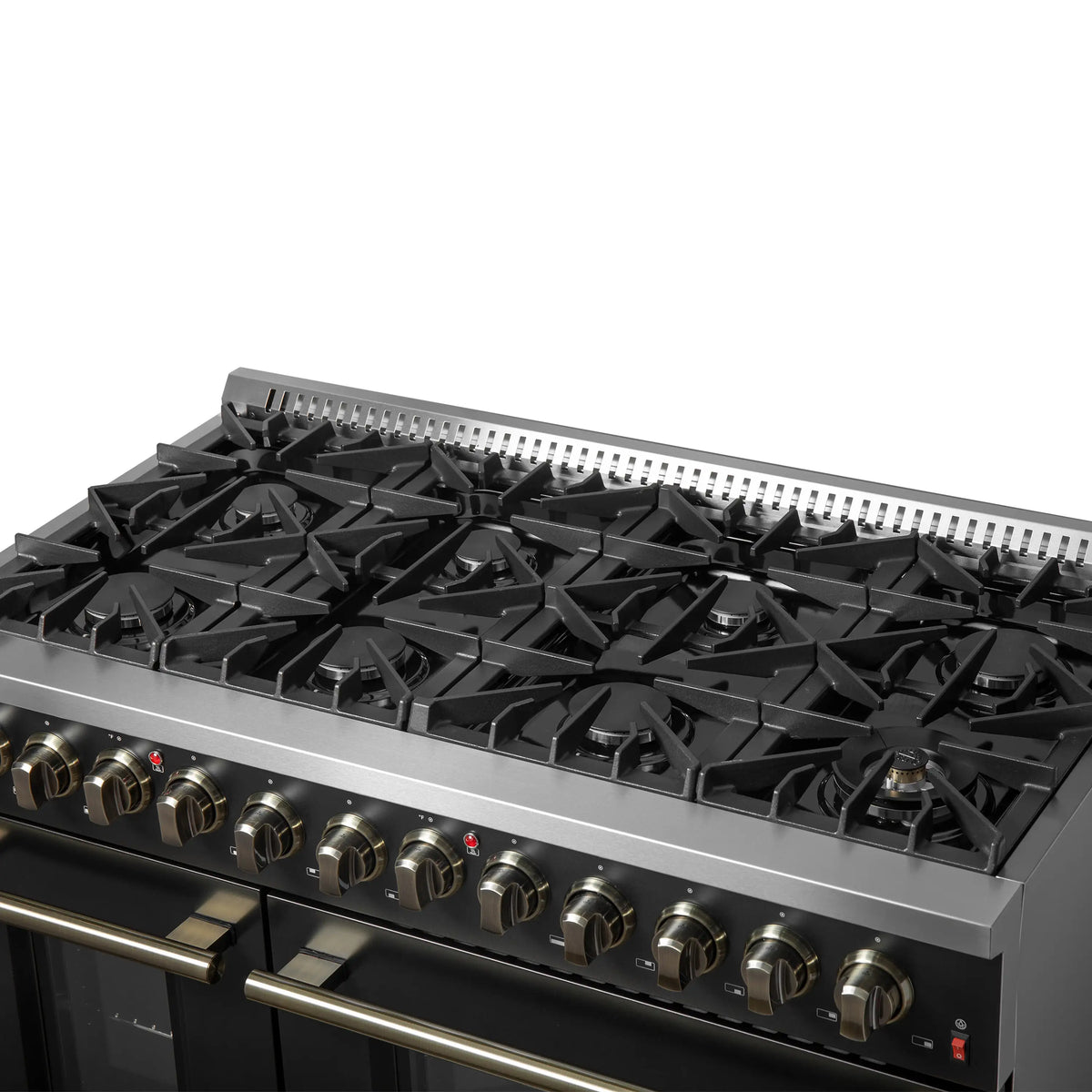 Forno 4-Piece Appliance Package - 48-Inch Dual Fuel Range, 60-Inch Convertible Refrigerator with Modern Trim, Dishwasher, and 24-Inch Microwave Drawer in Black with Antique Brass Trim