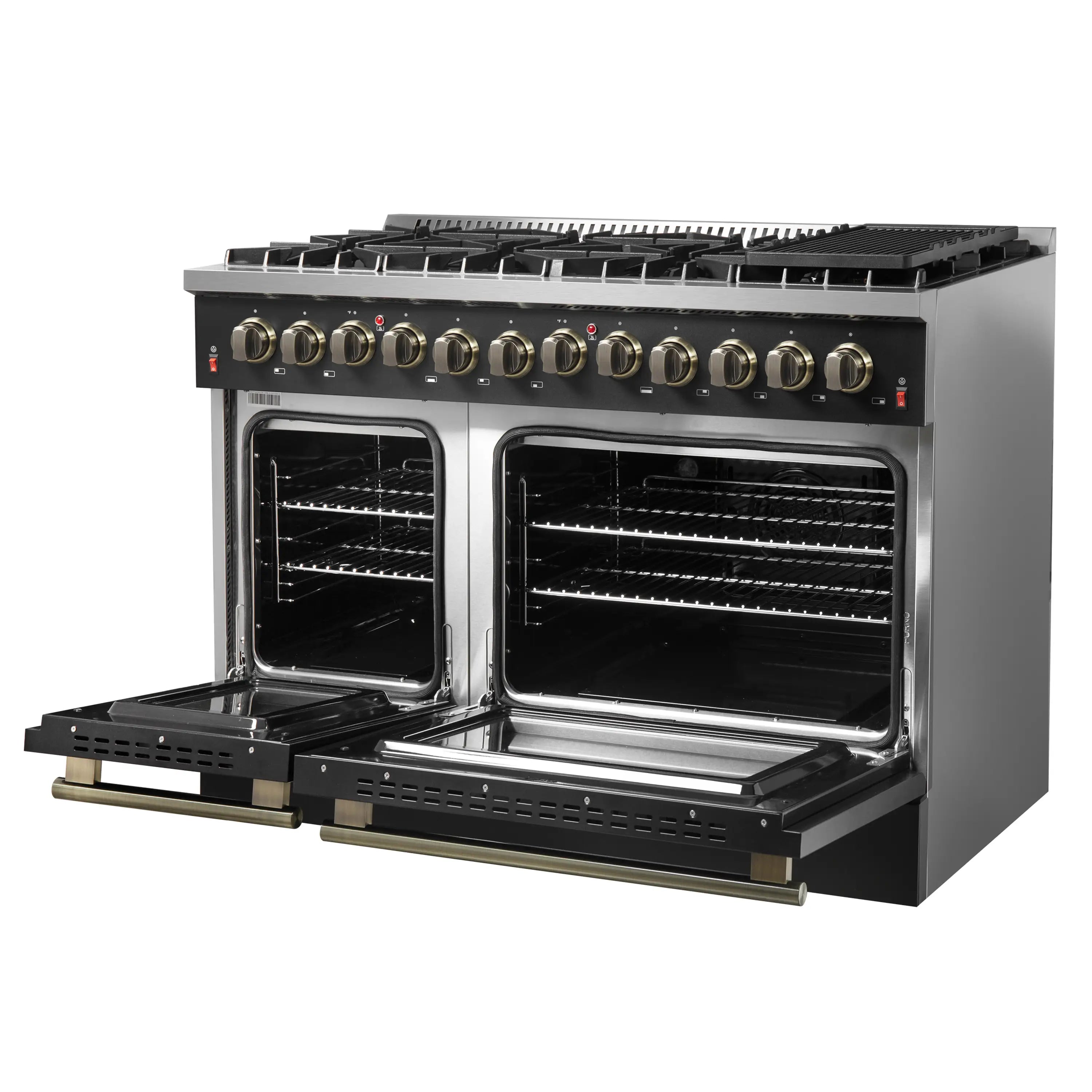 Forno Galiano 48-Inch Dual Fuel Range with 8 Burners and 6.58 Cu. Ft. Electric Convection Oven in Black with Antique Brass Trim (FFSGS6156-48BLK)