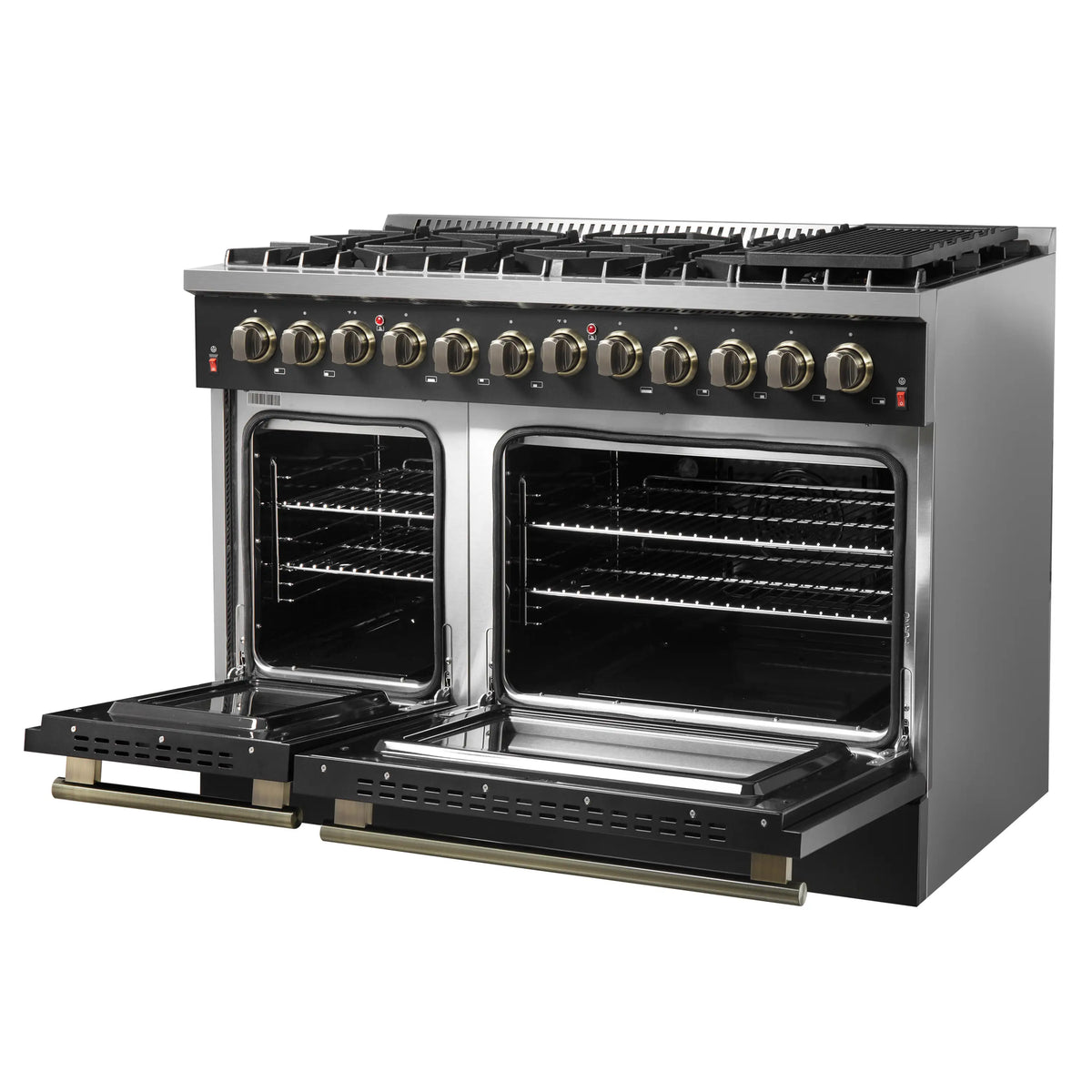 Forno 5-Piece Appliance Package - 48-Inch Dual Fuel Range, 60-Inch Convertible Refrigerator with Modern Trim, Dishwasher, and 24-Inch Microwave Drawer in Black with Antique Brass Trim