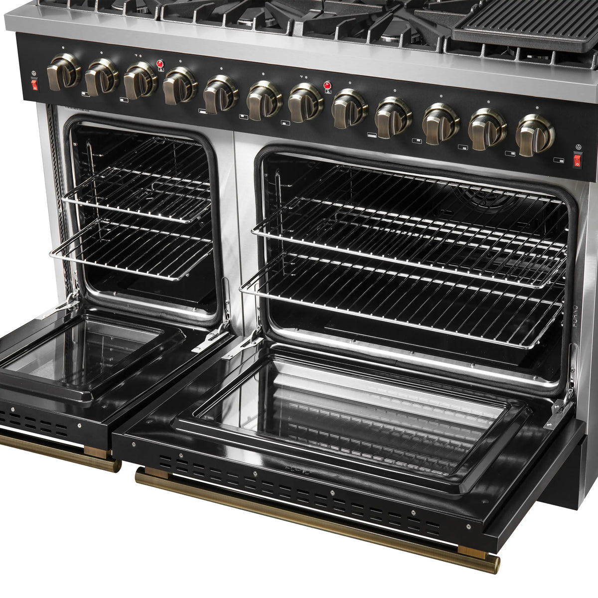 Forno Galiano 4-Piece Appliance Package - 48-Inch Dual Fuel Range, 48-Inch Hood, 36-Inch Refrigerator, & 24-Inch Dishwasher in Black with Antique Brass Trim