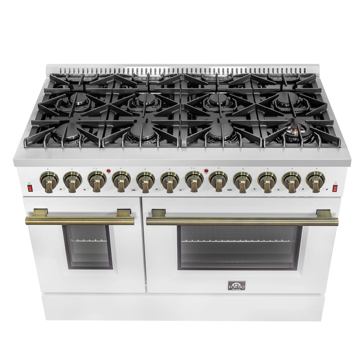 Forno 3-Piece Appliance Package - 48-Inch Dual Fuel Range, 60-Inch Refrigerator, Dishwasher in White with Antique Brass Trim