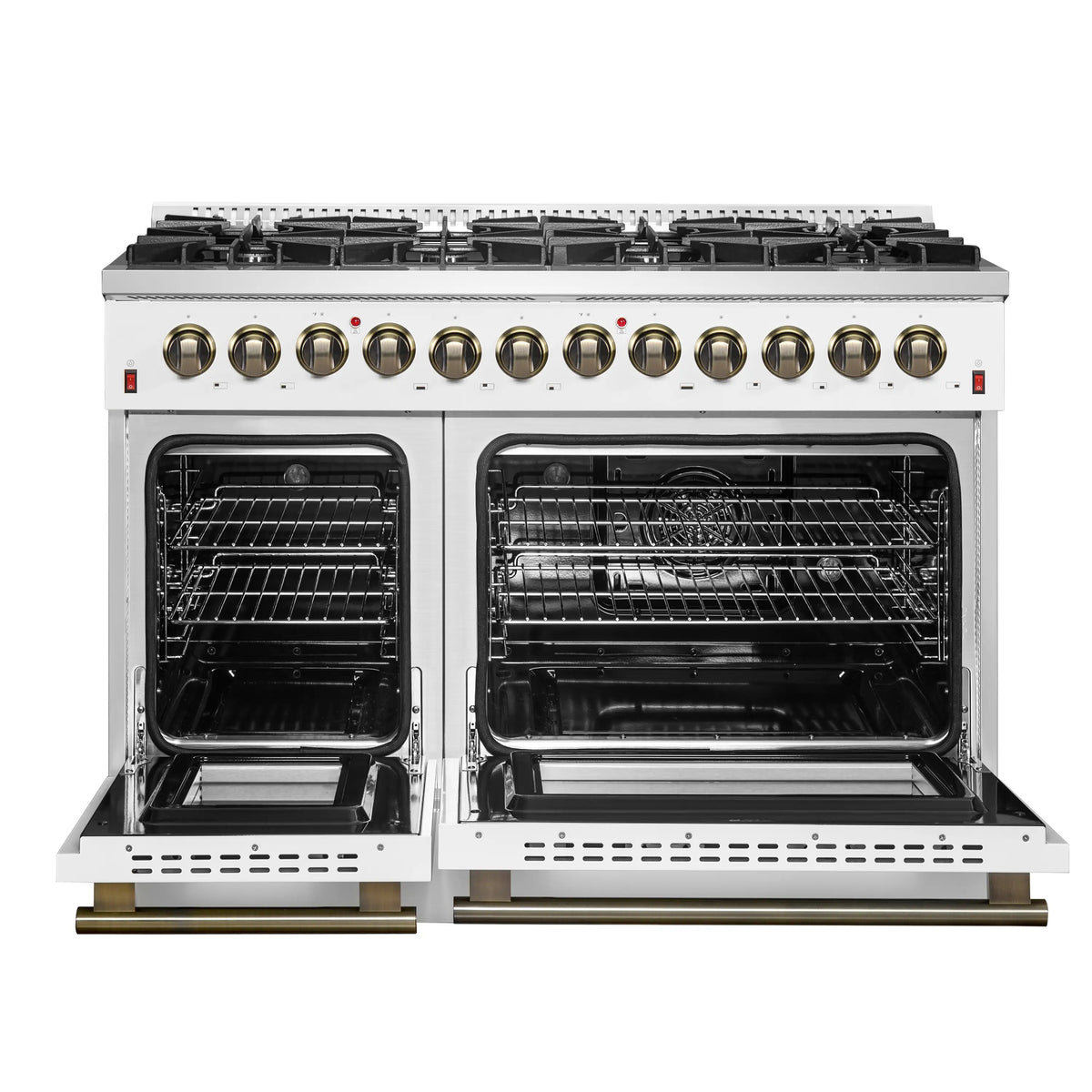 Forno 4-Piece Appliance Package - 48-Inch Galiano Dual Fuel Range, 60-Inch Refrigerator, Dishwasher, & 24-Inch Microwave Drawer in White with Antique Brass Trim