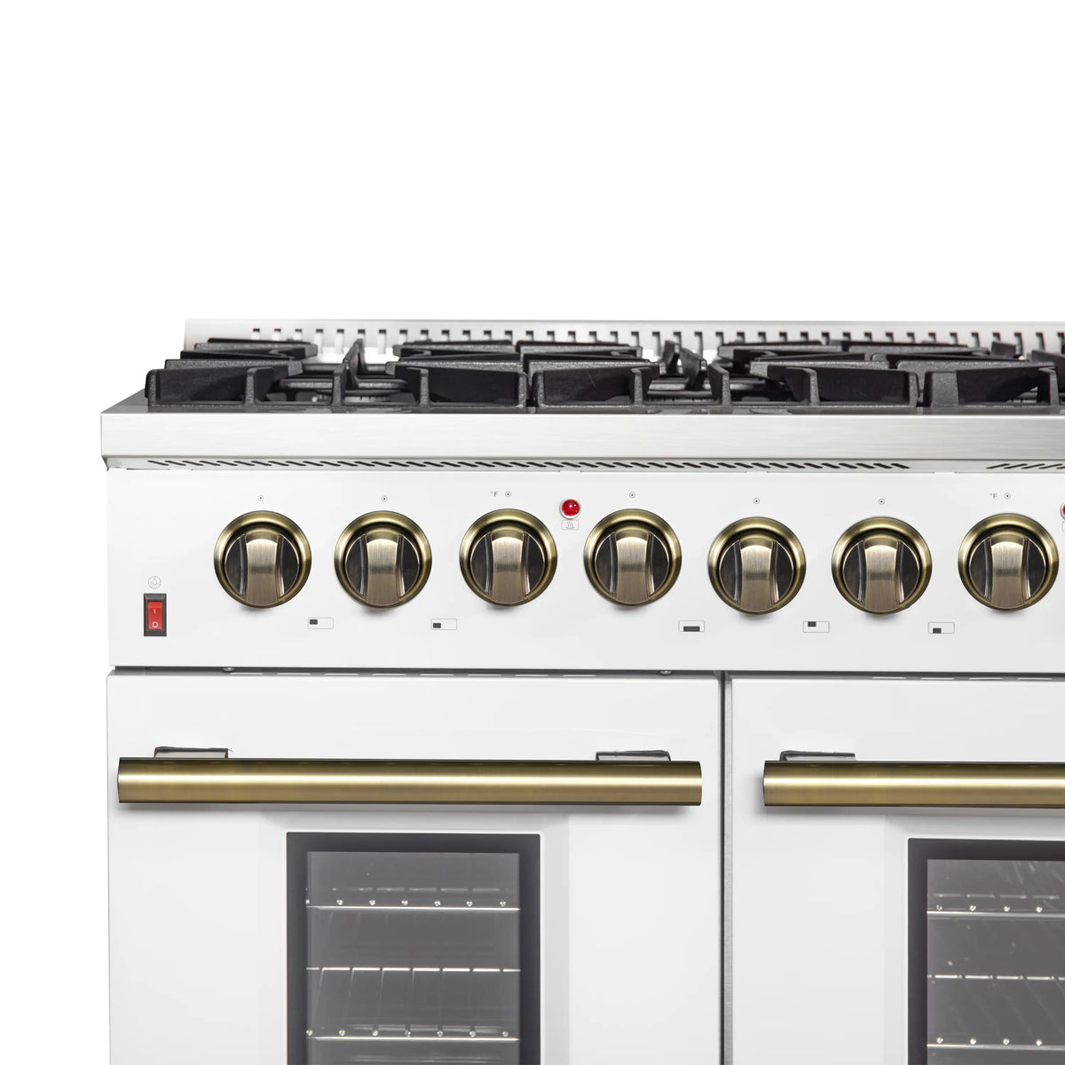 Forno 5-Piece Appliance Package - 48-Inch Galiano Dual Fuel Range, Wall Mount Range Hood, 60-Inch Refrigerator, Dishwasher, & 30-Inch Microwave Oven in White with Antique Brass Trim