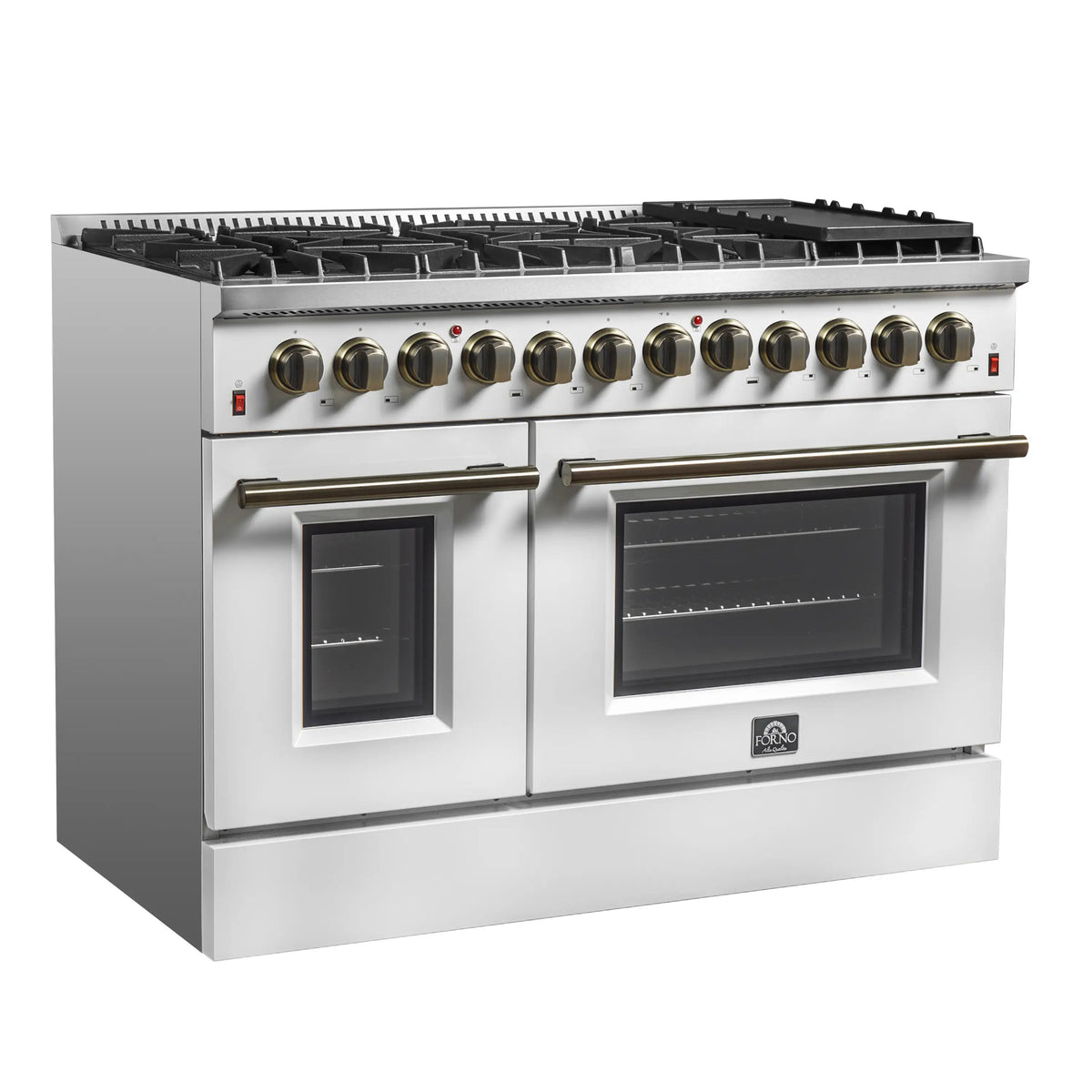 Forno 4-Piece Appliance Package - 48-Inch Dual Fuel Range, Wall Mount Range Hood, 60-Inch Refrigerator, Dishwasher in White with Antique Brass Trim