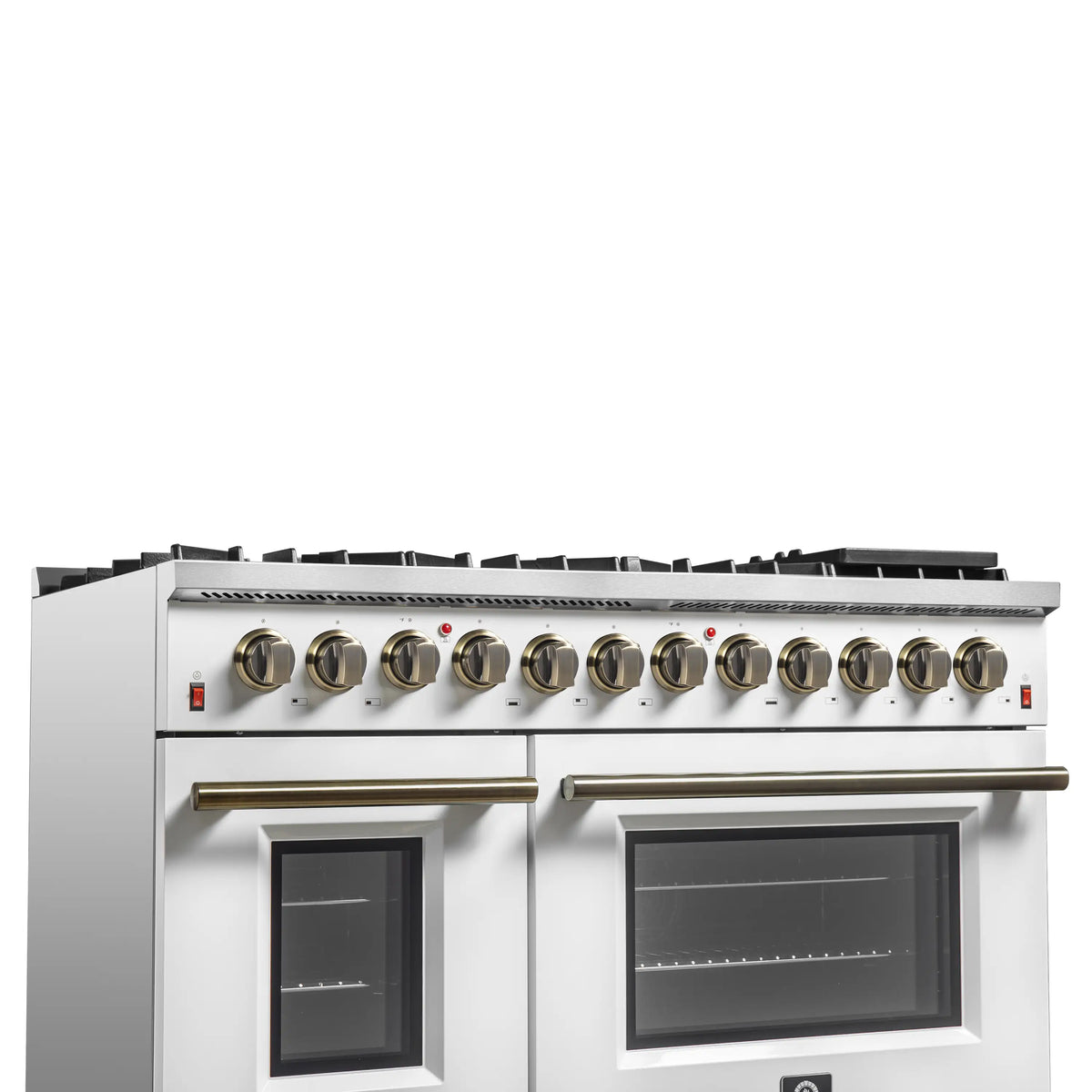 Forno Galiano 2-Piece Appliance Package - 48-Inch Dual Fuel Range & 48-Inch Wall Mount Range Hood in White with Antique Brass Trim