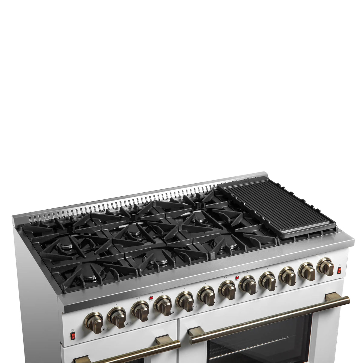 Forno 3-Piece Appliance Package - 48-Inch Dual Fuel Range, 60-Inch Refrigerator, Dishwasher in White with Antique Brass Trim