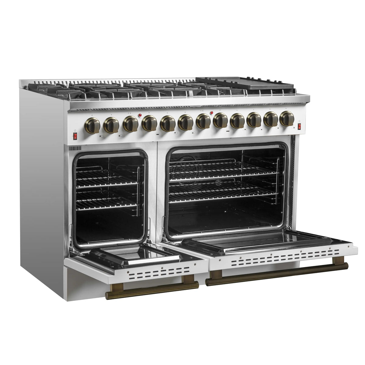 Forno 5-Piece Appliance Package - 48-Inch Galiano Dual Fuel Range, Wall Mount Range Hood, 60-Inch Refrigerator, Dishwasher, & 30-Inch Microwave Oven in White with Antique Brass Trim