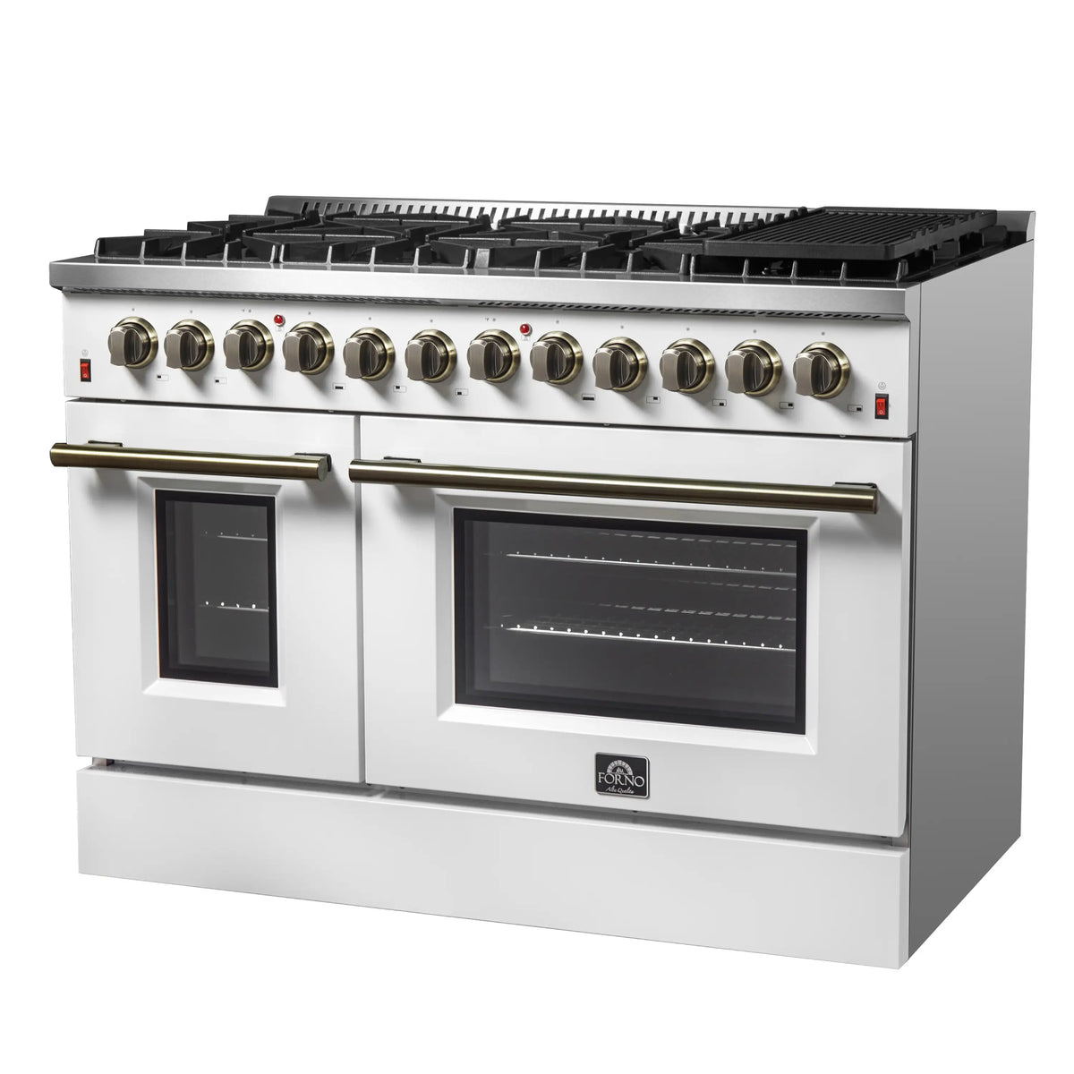 Forno 5-Piece Appliance Package - 48-Inch Dual Fuel Range, Wall Mount Range Hood, 60-Inch Refrigerator, Dishwasher, & 24-Inch Microwave Oven in White with Antique Brass Trim