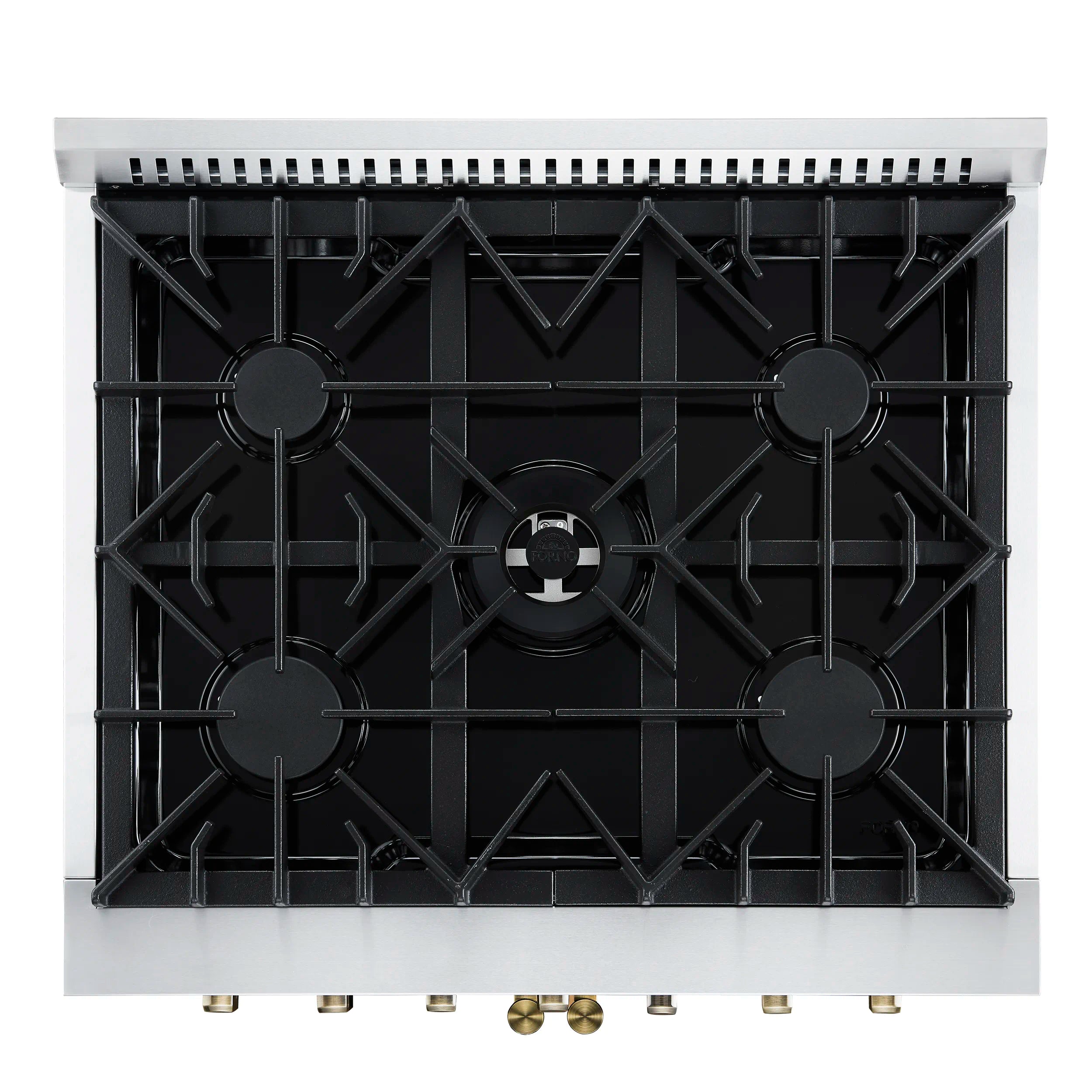 Forno Galiano 30-Inch French Door Dual Fuel Range with 5 Gas Burners and 4.32 Cu.Ft. Electric Convection Oven in Black with Antique Brass Trim (FFSGS6356-30BLK)