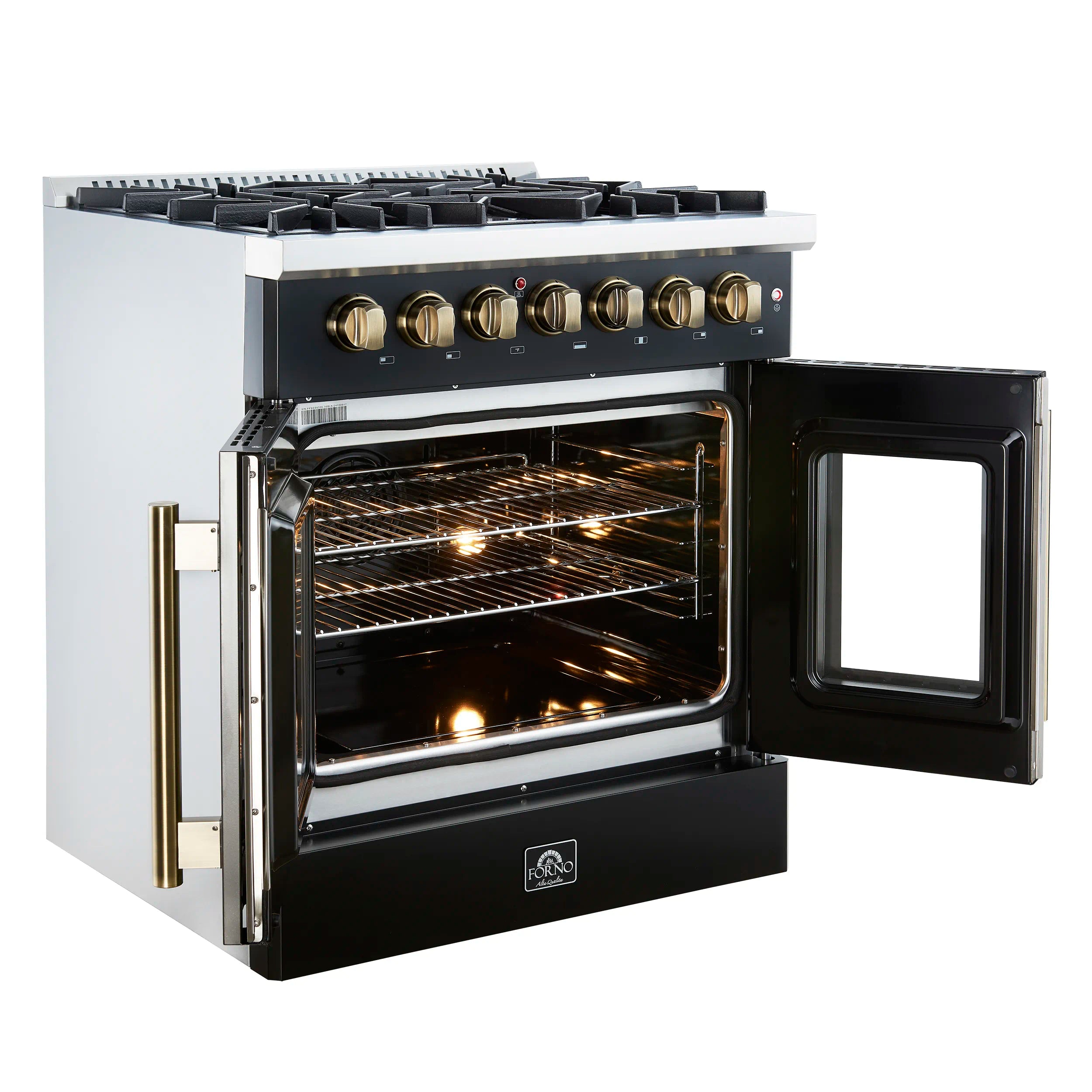 Forno Galiano 30-Inch French Door Dual Fuel Range with 5 Gas Burners and 4.32 Cu.Ft. Electric Convection Oven in Black with Antique Brass Trim (FFSGS6356-30BLK)