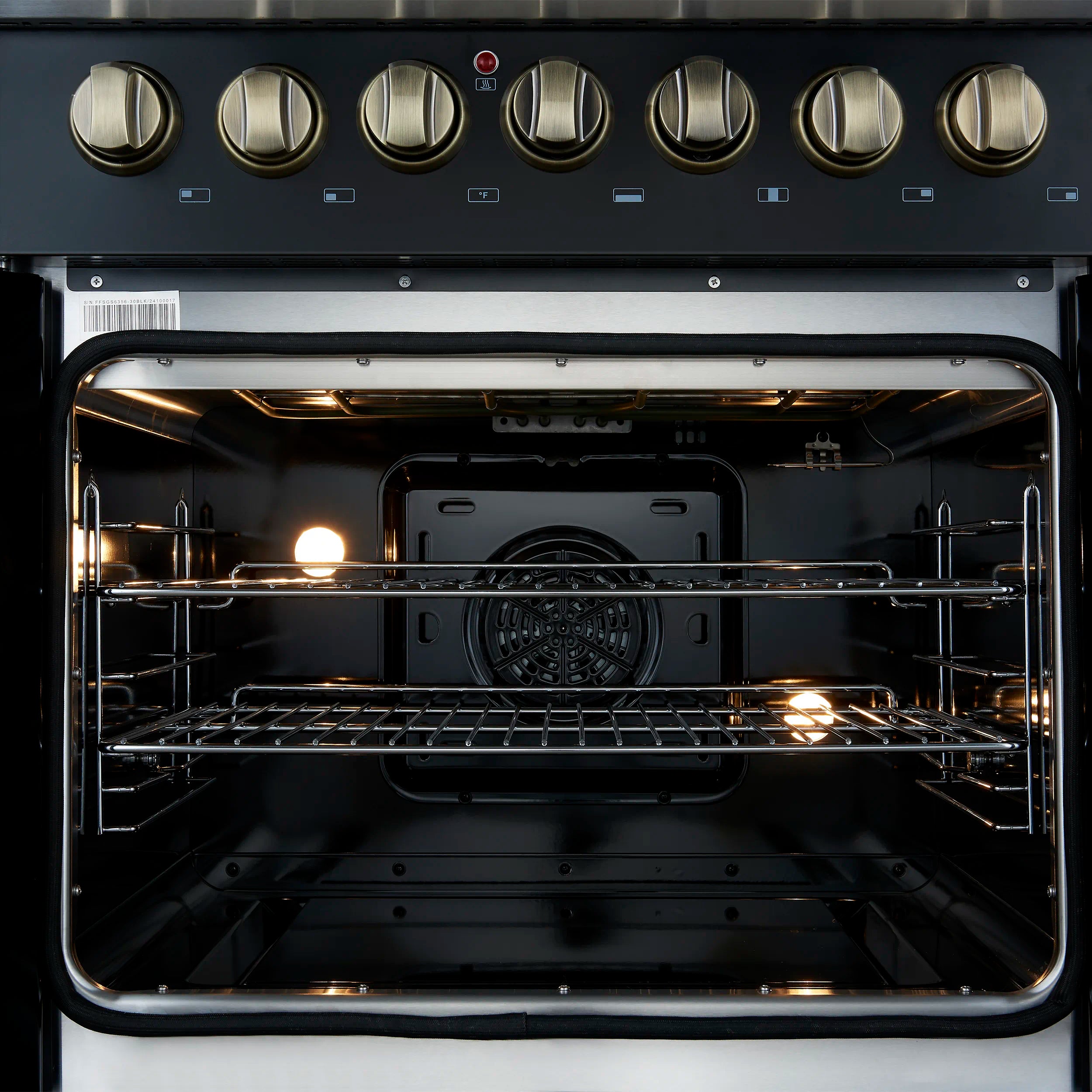 Forno Galiano 30-Inch French Door Dual Fuel Range with 5 Gas Burners and 4.32 Cu.Ft. Electric Convection Oven in Black with Antique Brass Trim (FFSGS6356-30BLK)