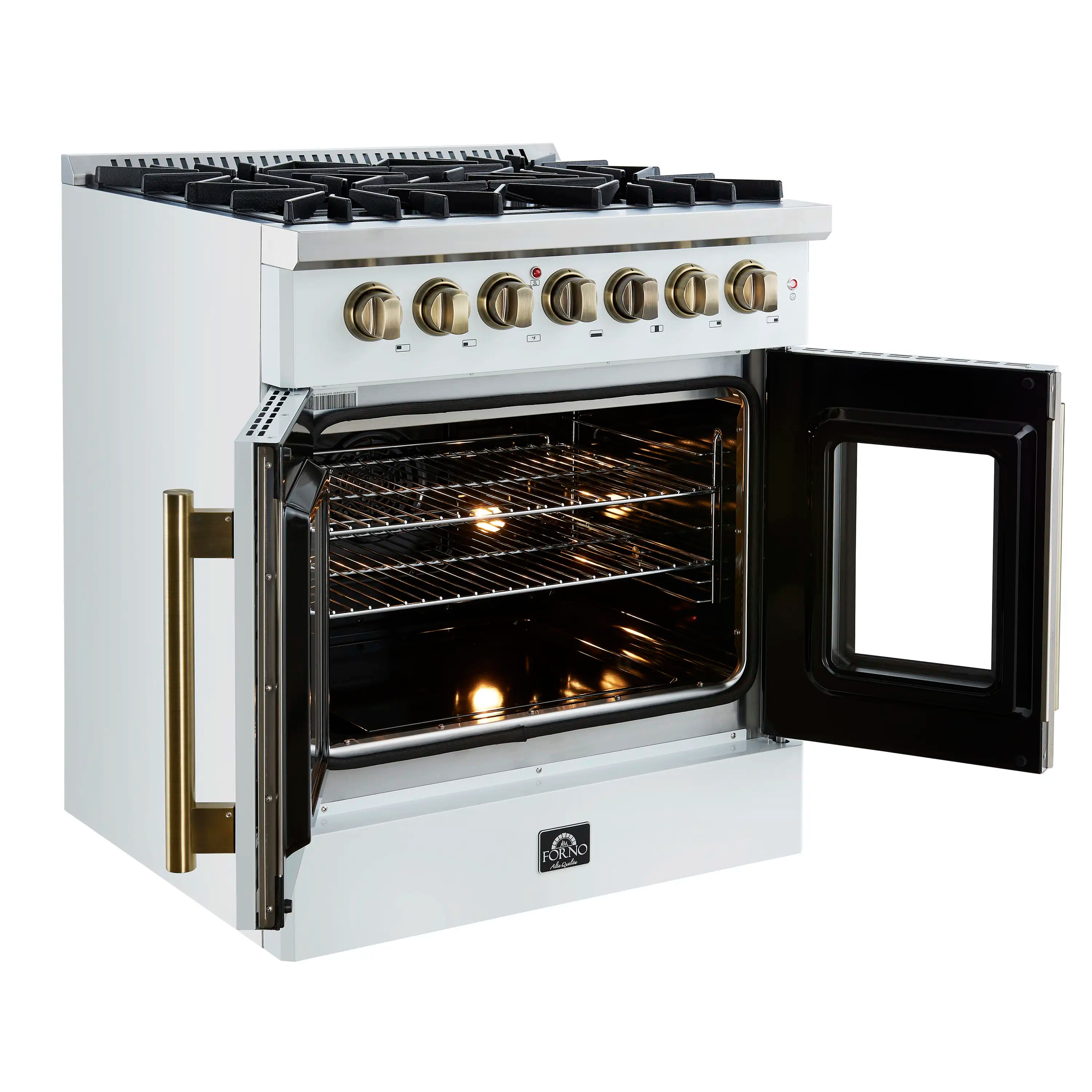 Forno Galiano 30-Inch French Door Dual Fuel Range with 5 Gas Burners and 4.32 Cu.Ft. Electric Convection Oven in White with Antique Brass Trim (FFSGS6356-30WHT)