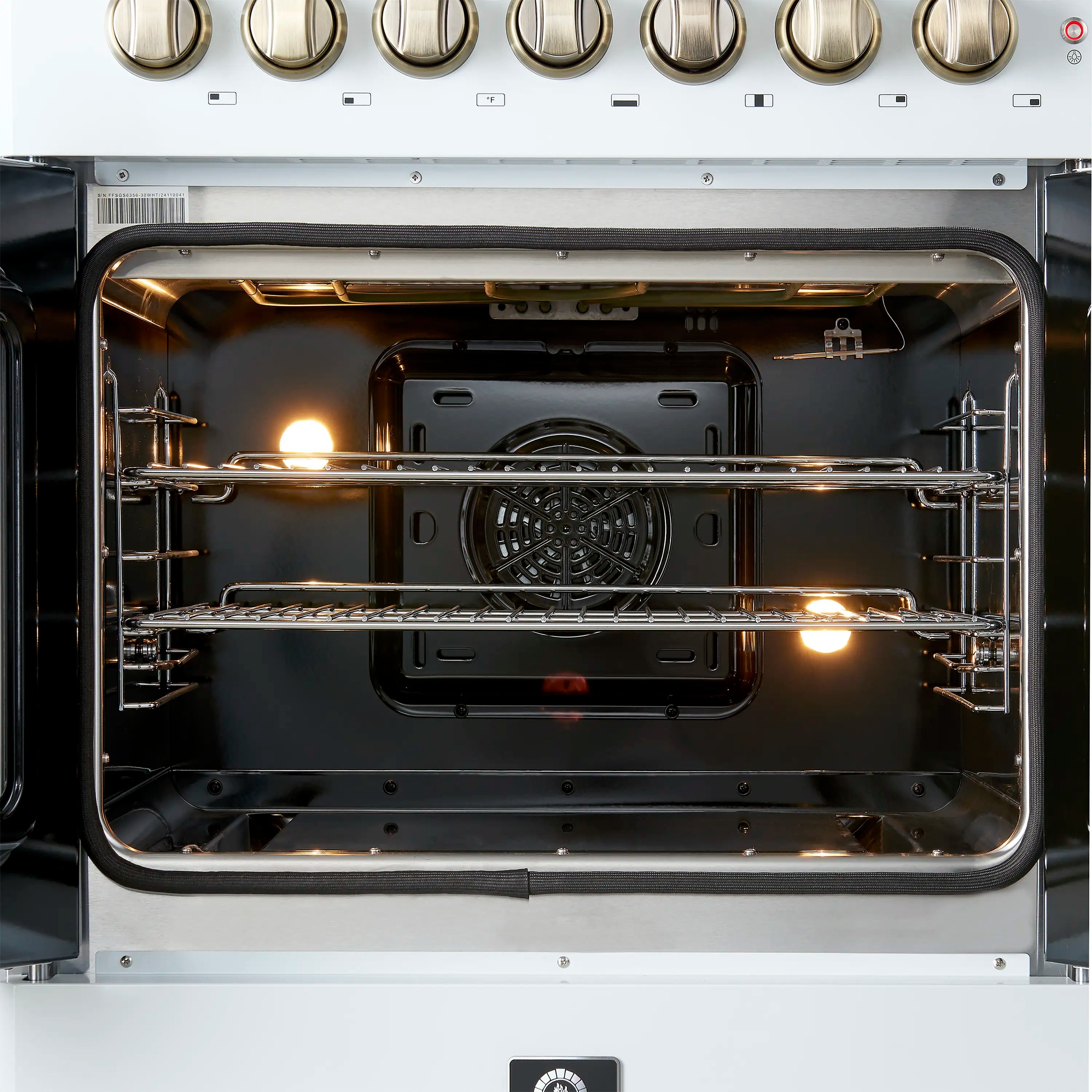 Forno Galiano 30-Inch French Door Dual Fuel Range with 5 Gas Burners and 4.32 Cu.Ft. Electric Convection Oven in White with Antique Brass Trim (FFSGS6356-30WHT)