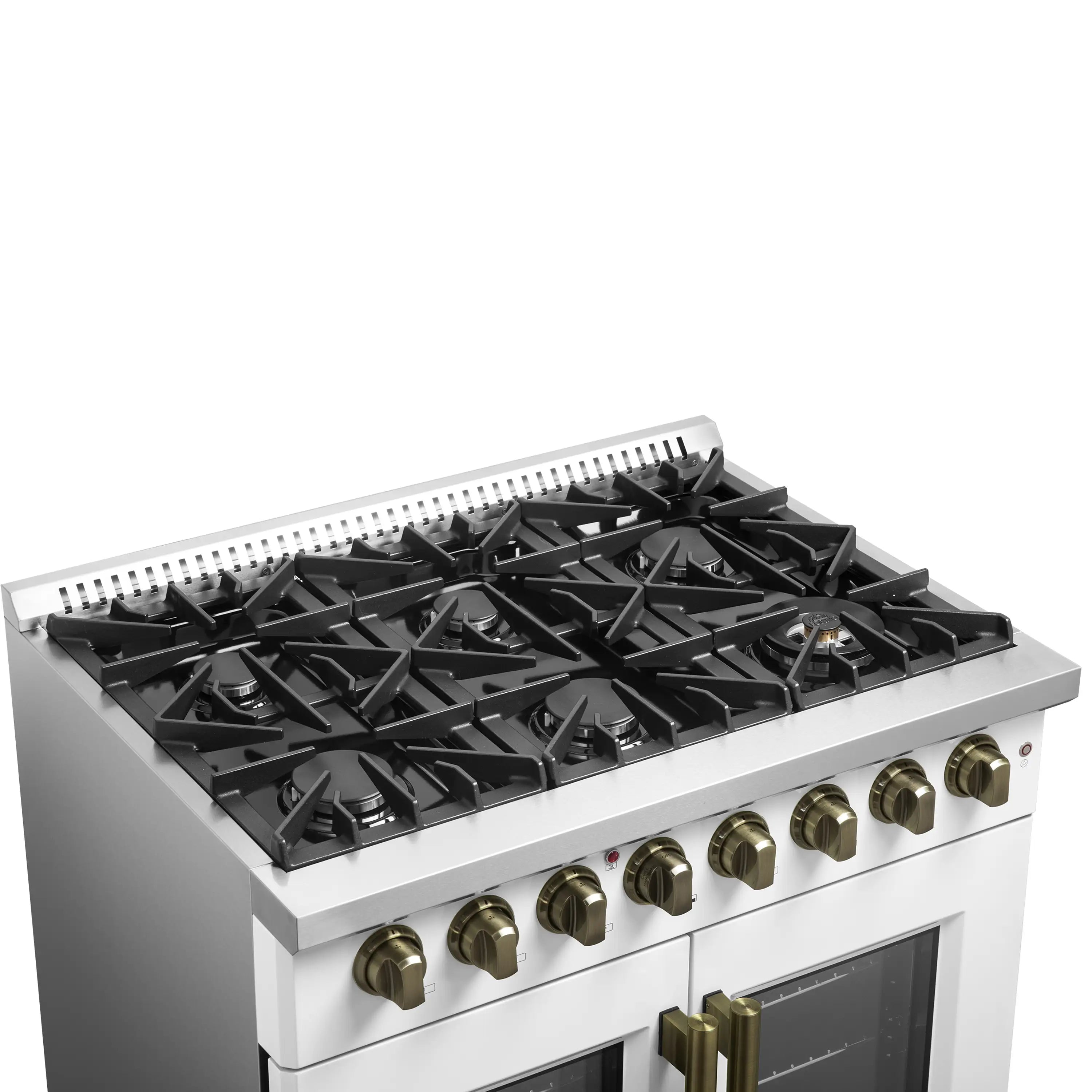 Forno Galiano 36-Inch French Door Dual Fuel Range with 6 Gas Burners and 5.36 Cu.Ft. Electric Convection Oven in White with Antique Brass Trim (FFSGS6356-36WHT)