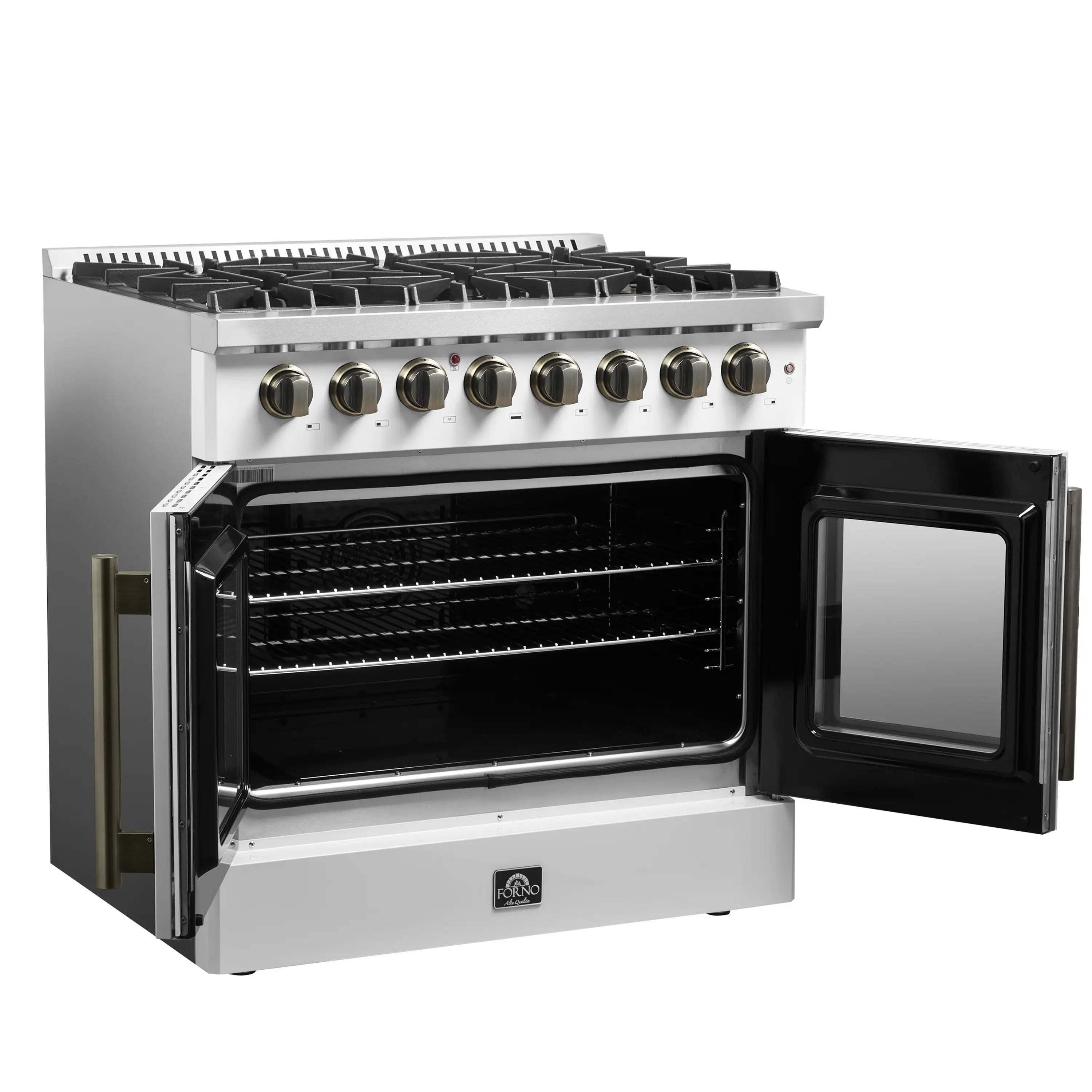 Forno Galiano 36-Inch French Door Dual Fuel Range with 6 Gas Burners and 5.36 Cu.Ft. Electric Convection Oven in White with Antique Brass Trim (FFSGS6356-36WHT)