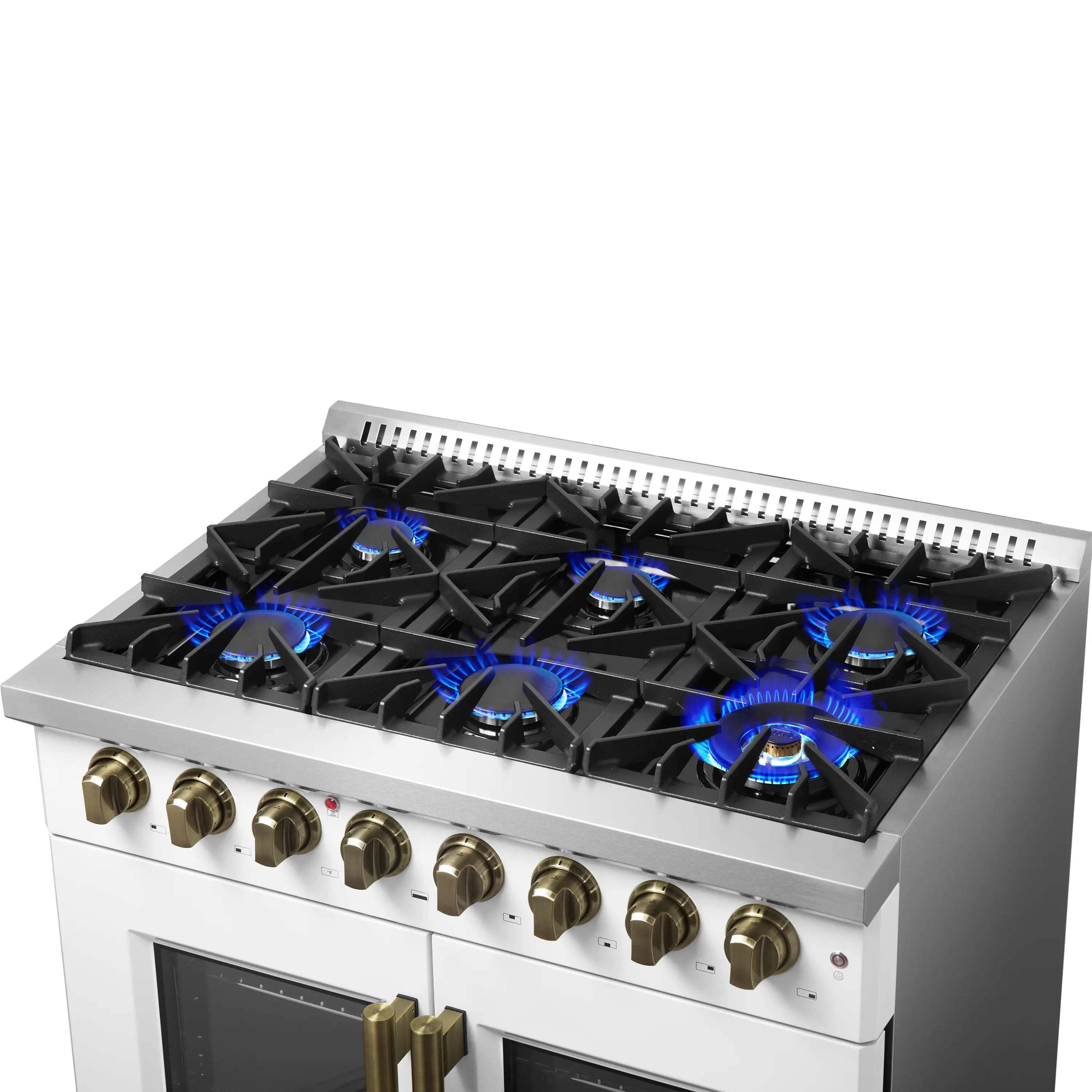 Forno Galiano 36-Inch French Door Dual Fuel Range with 6 Gas Burners and 5.36 Cu.Ft. Electric Convection Oven in White with Antique Brass Trim (FFSGS6356-36WHT)