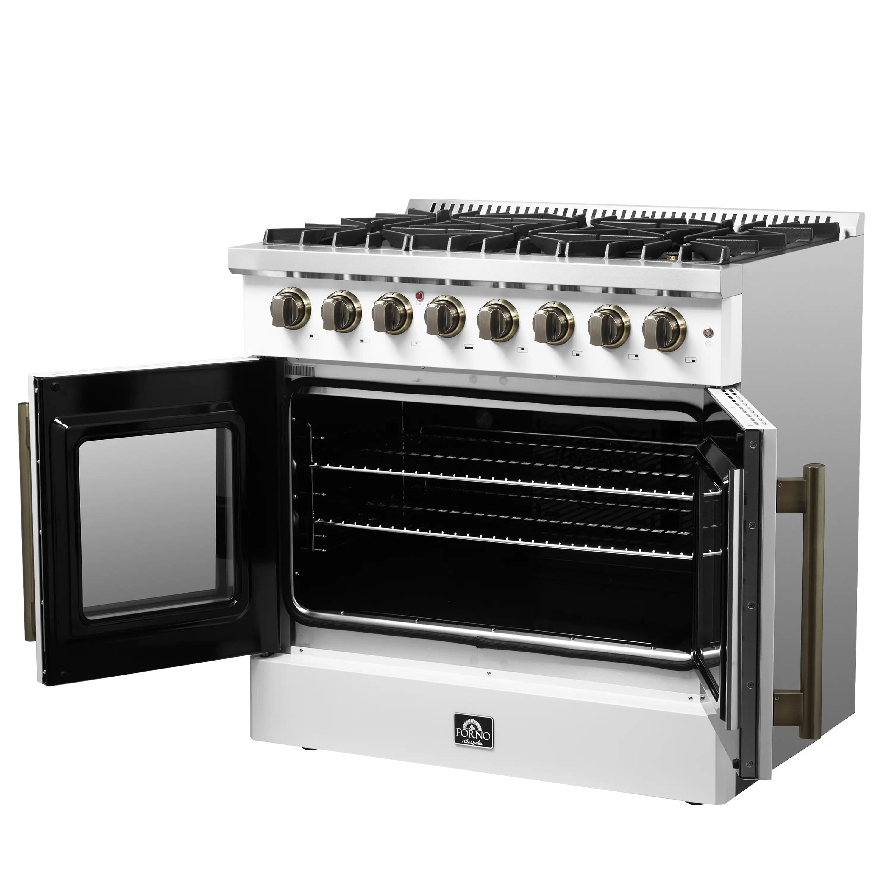 Forno Galiano 36-Inch French Door Dual Fuel Range with 6 Gas Burners and 5.36 Cu.Ft. Electric Convection Oven in White with Antique Brass Trim (FFSGS6356-36WHT)