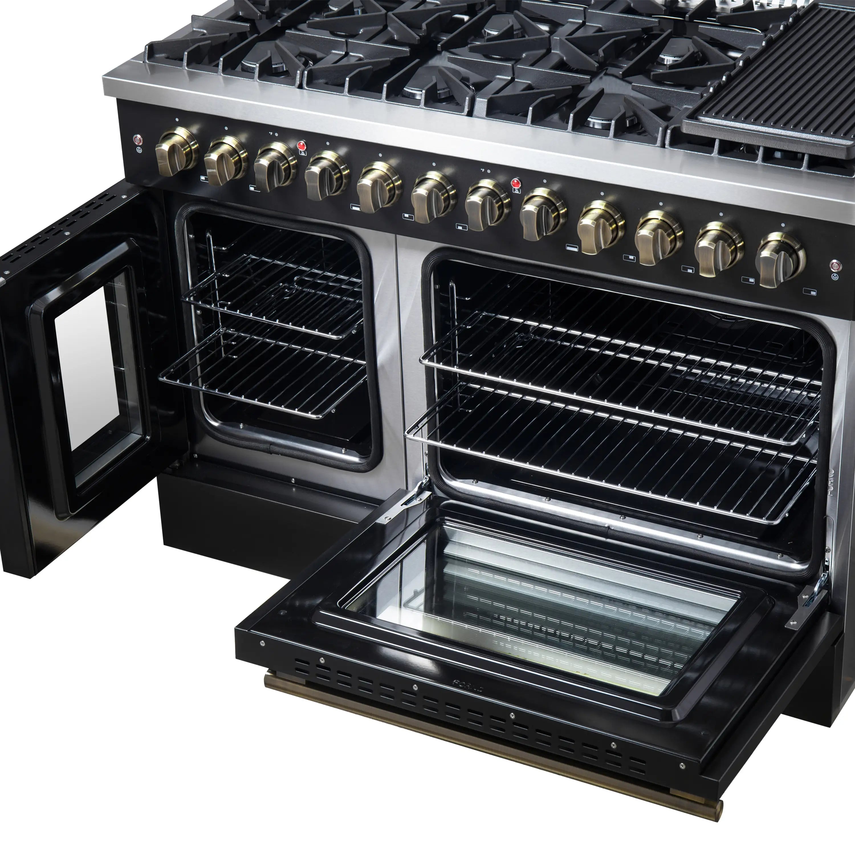 Forno Galiano 48-Inch French Door Dual Fuel Range with 8 Burners and 6.58 Cu. Ft. Electric Convection Oven in Black with Antique Brass Trim (FFSGS6356-48BLK)