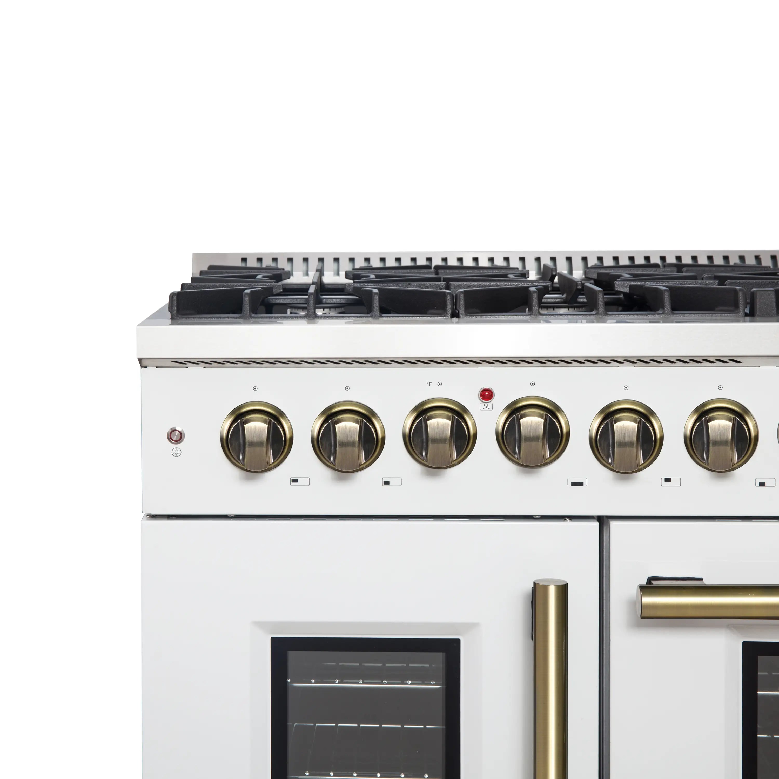 Forno Galiano 48-Inch French Door Dual Fuel Range with 8 Burners and 6.58 Cu. Ft. Electric Convection Oven in White with Antique Brass Handle (FFSGS6356-48WHT)