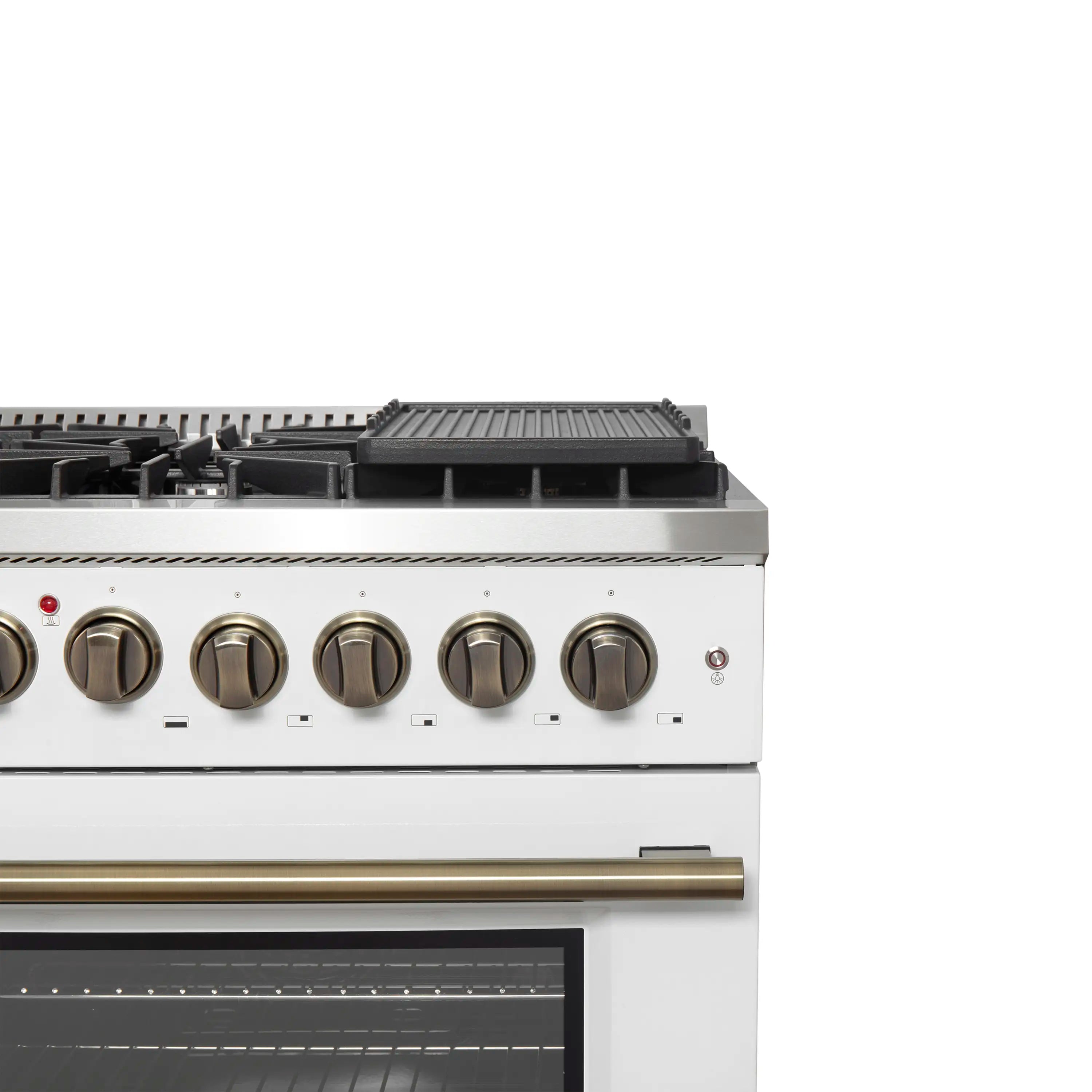 Forno Galiano 48-Inch French Door Dual Fuel Range with 8 Burners and 6.58 Cu. Ft. Electric Convection Oven in White with Antique Brass Handle (FFSGS6356-48WHT)