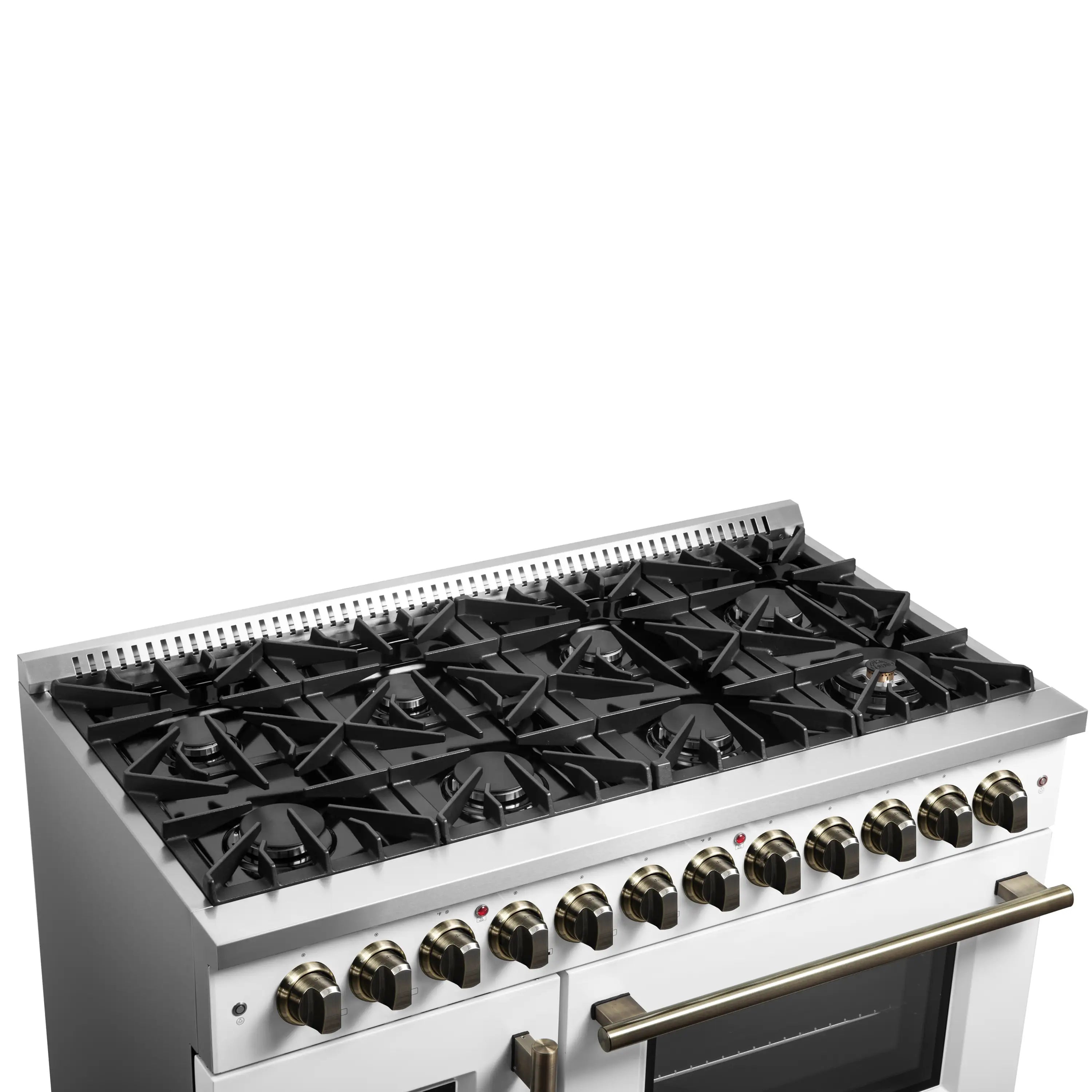 Forno Galiano 48-Inch French Door Dual Fuel Range with 8 Burners and 6.58 Cu. Ft. Electric Convection Oven in White with Antique Brass Handle (FFSGS6356-48WHT)