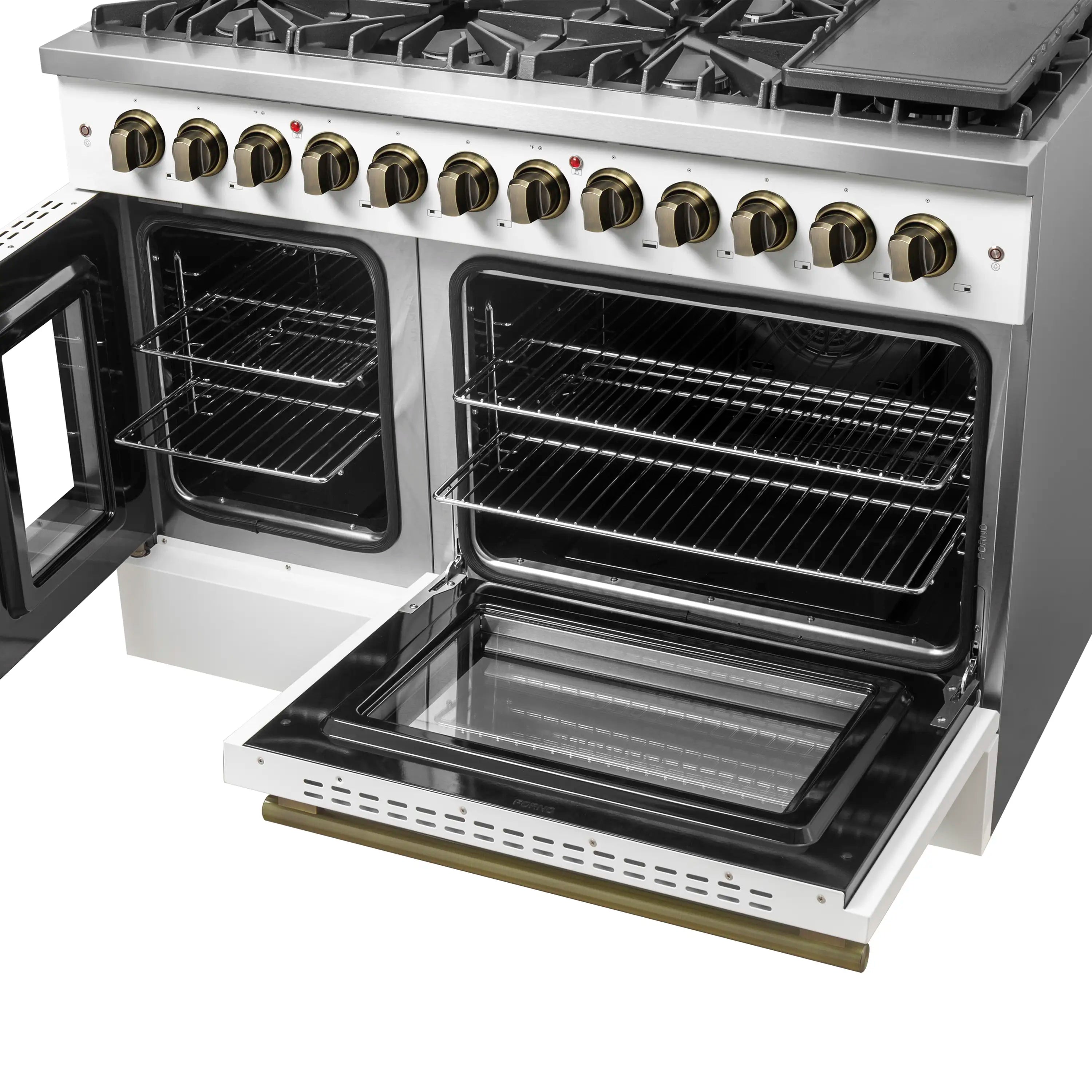 Forno Galiano 48-Inch French Door Dual Fuel Range with 8 Burners and 6.58 Cu. Ft. Electric Convection Oven in White with Antique Brass Handle (FFSGS6356-48WHT)