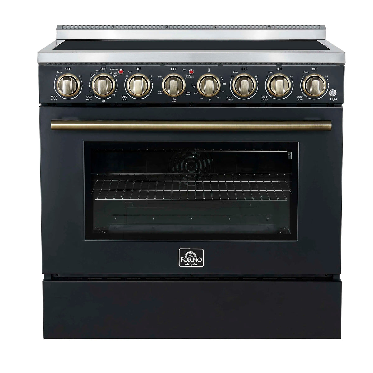 Forno 4-Piece Appliance Package - 36-Inch Electric Range, Wall Mount Range Hood, 60-Inch Refrigerator, and Dishwasher in Black with Antique Brass Trim