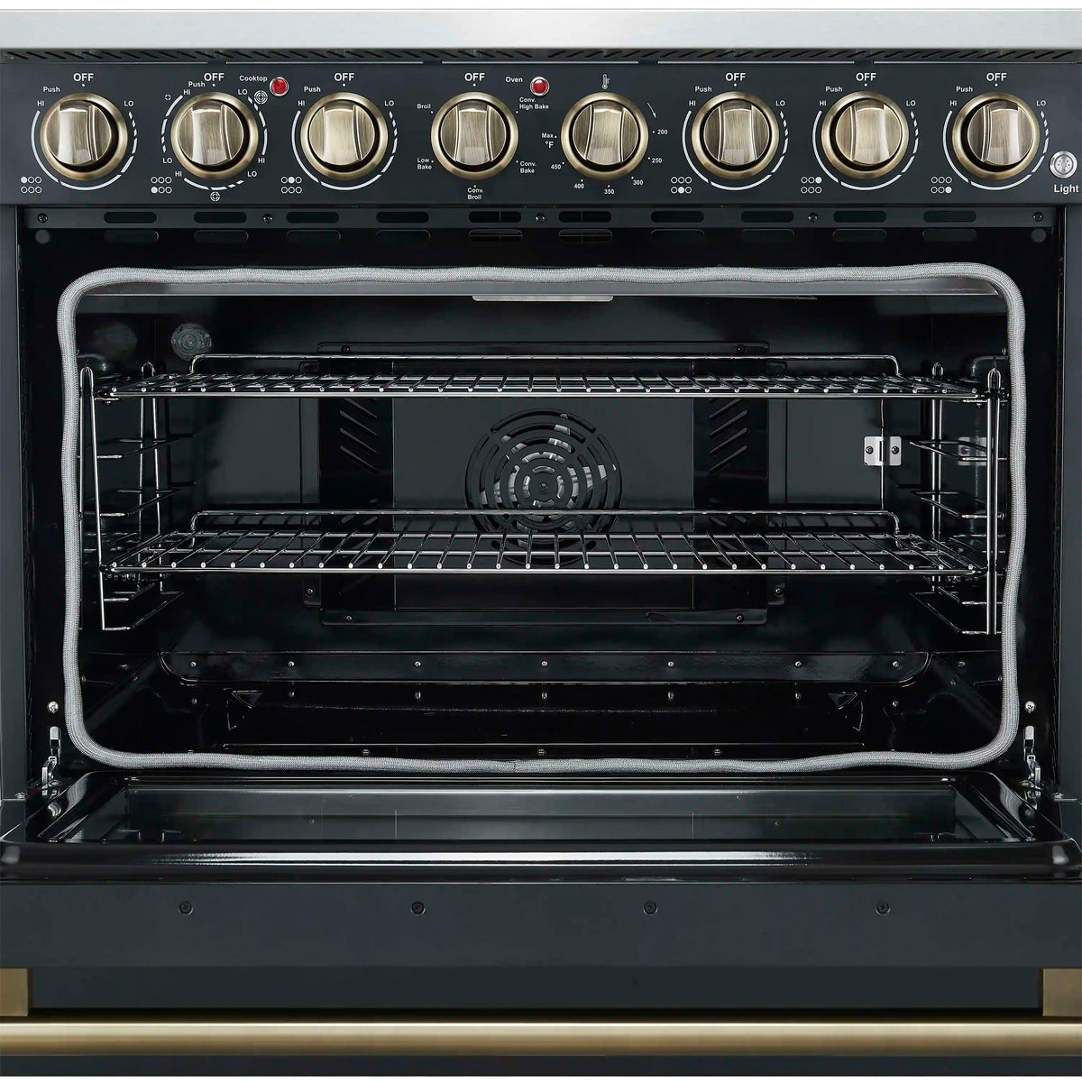 Forno 3-Piece Appliance Package - 36-Inch Electric Range, Wall Mount Range Hood, and 36-Inch Refrigerator in Black with Antique Brass Trim