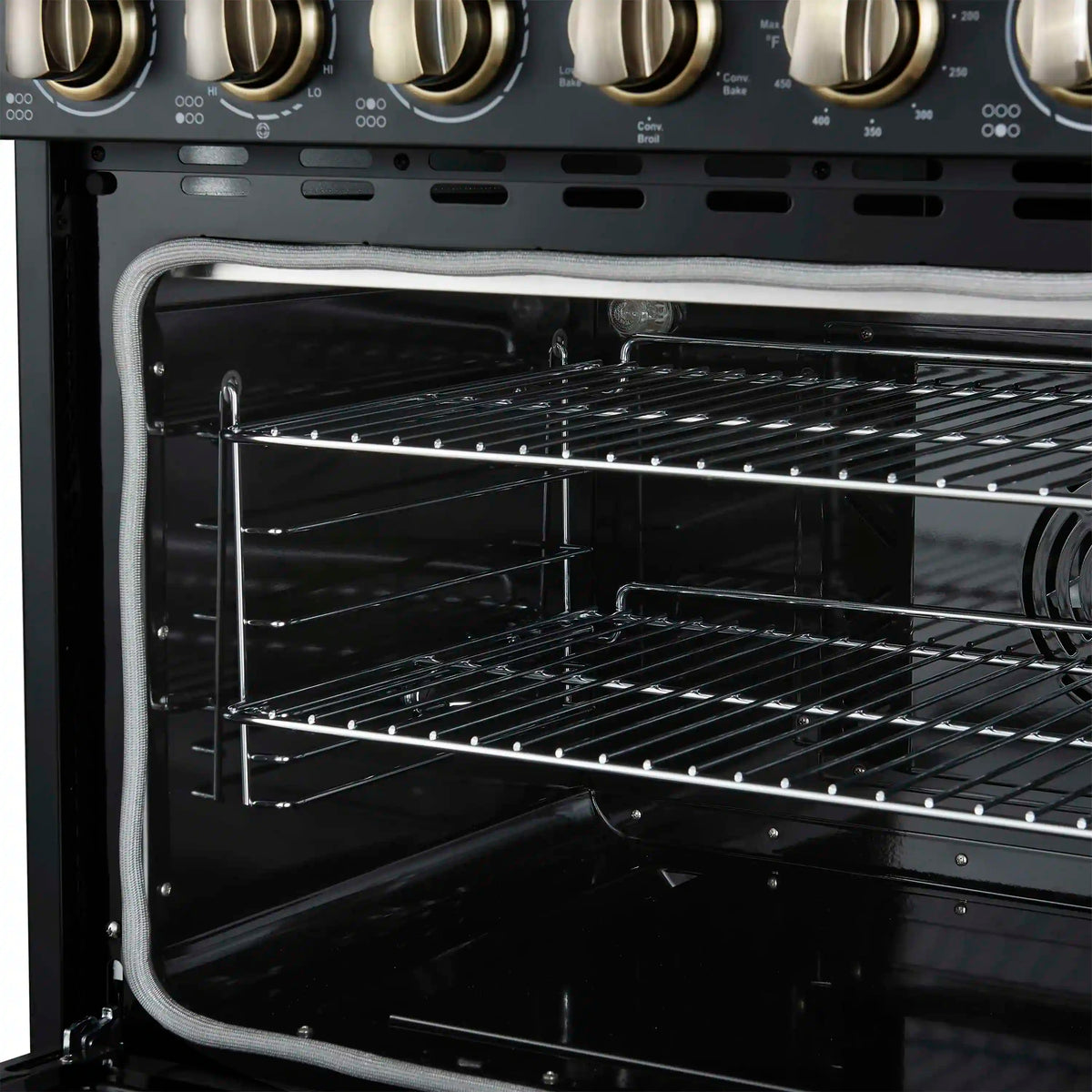 Forno 4-Piece Appliance Package - 36-Inch Electric Range, Wall Mount Range Hood, 60-Inch Refrigerator, and Dishwasher in Black with Antique Brass Trim