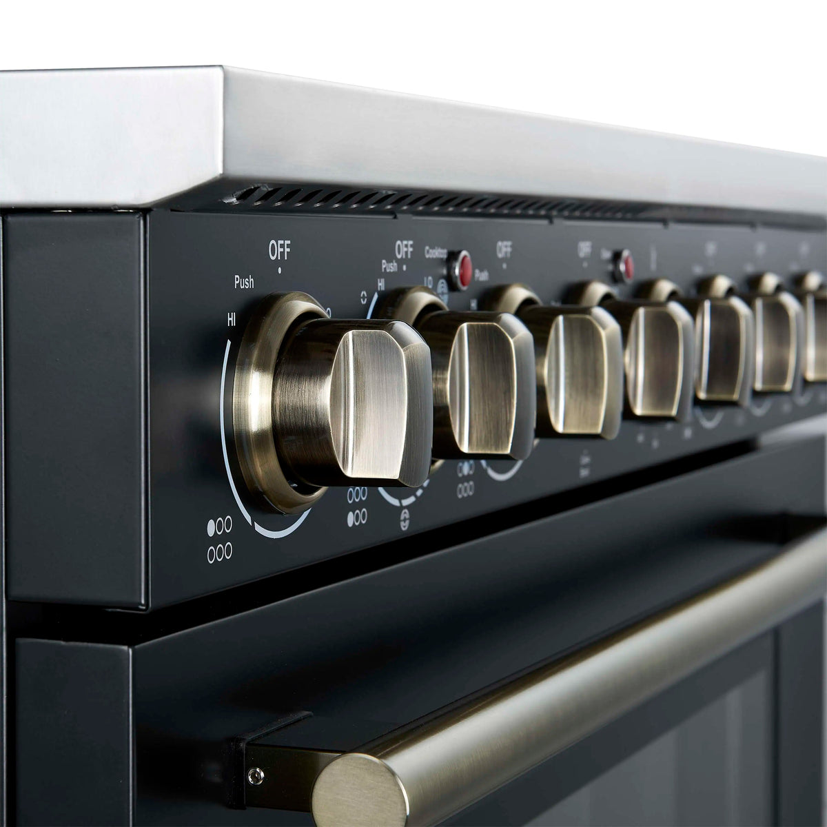 Forno 3-Piece Appliance Package - 36-Inch Electric Range, Wall Mount Range Hood, and 36-Inch Refrigerator in Black with Antique Brass Trim