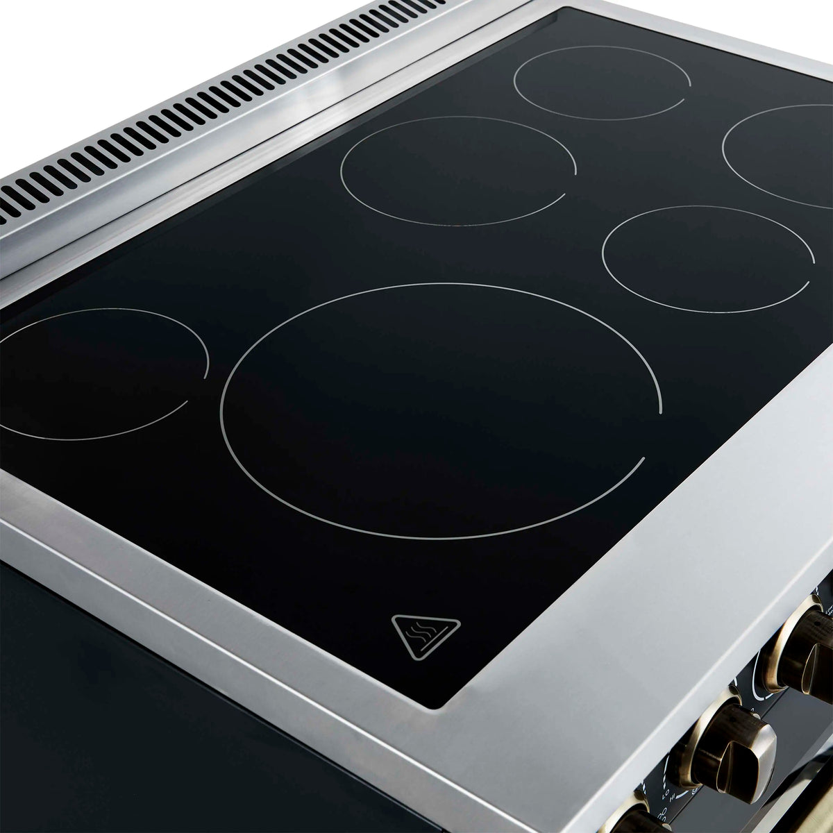 Forno 3-Piece Appliance Package - 36-Inch Electric Range, Wall Mount Range Hood, and 36-Inch Refrigerator in Black with Antique Brass Trim
