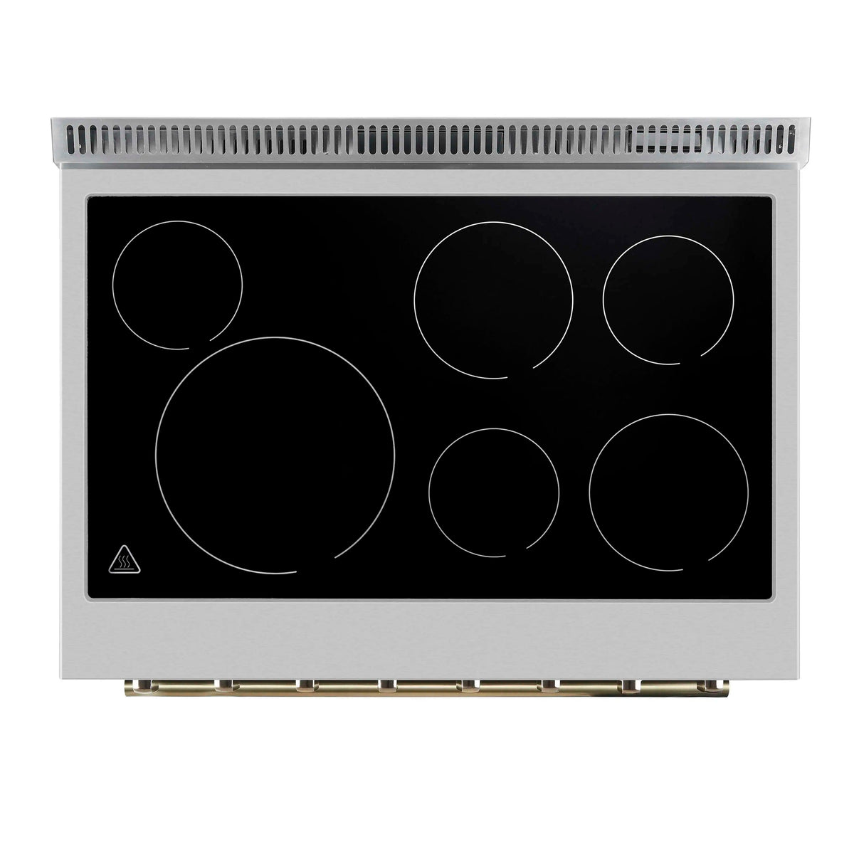 Forno 3-Piece Appliance Package - 36-Inch Electric Range, Wall Mount Range Hood, and 36-Inch Refrigerator in Black with Antique Brass Trim