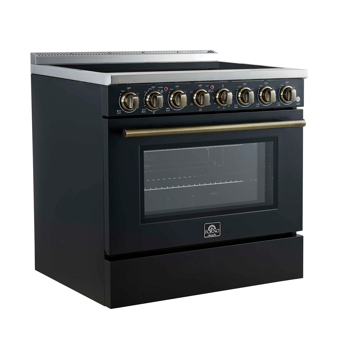Forno 3-Piece Appliance Package - 36-Inch Electric Range, Wall Mount Range Hood, and 36-Inch Refrigerator in Black with Antique Brass Trim