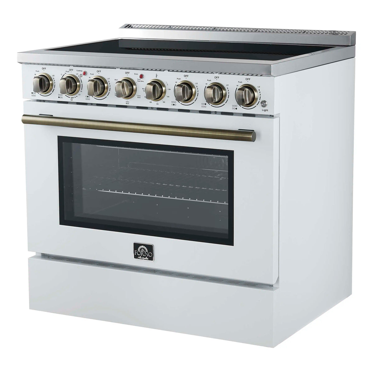 Forno 5-Piece Appliance Package - 36-Inch Electric Range, Wall Mount Range Hood, 36-Inch Refrigerator, Dishwasher, and 30-Inch Microwave Drawer in White with Antique Brass Trim